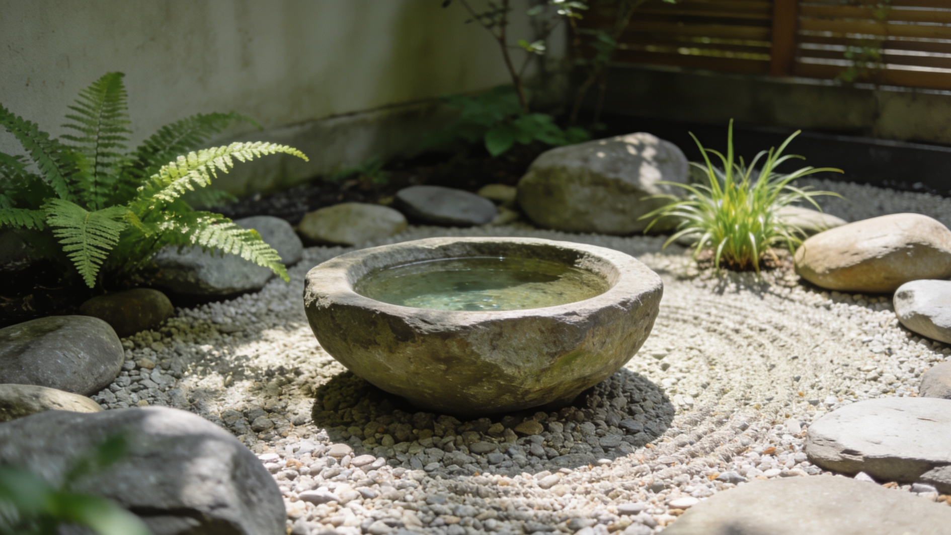 stone water basin in zen garden with pebbles, ferns, and sunlight