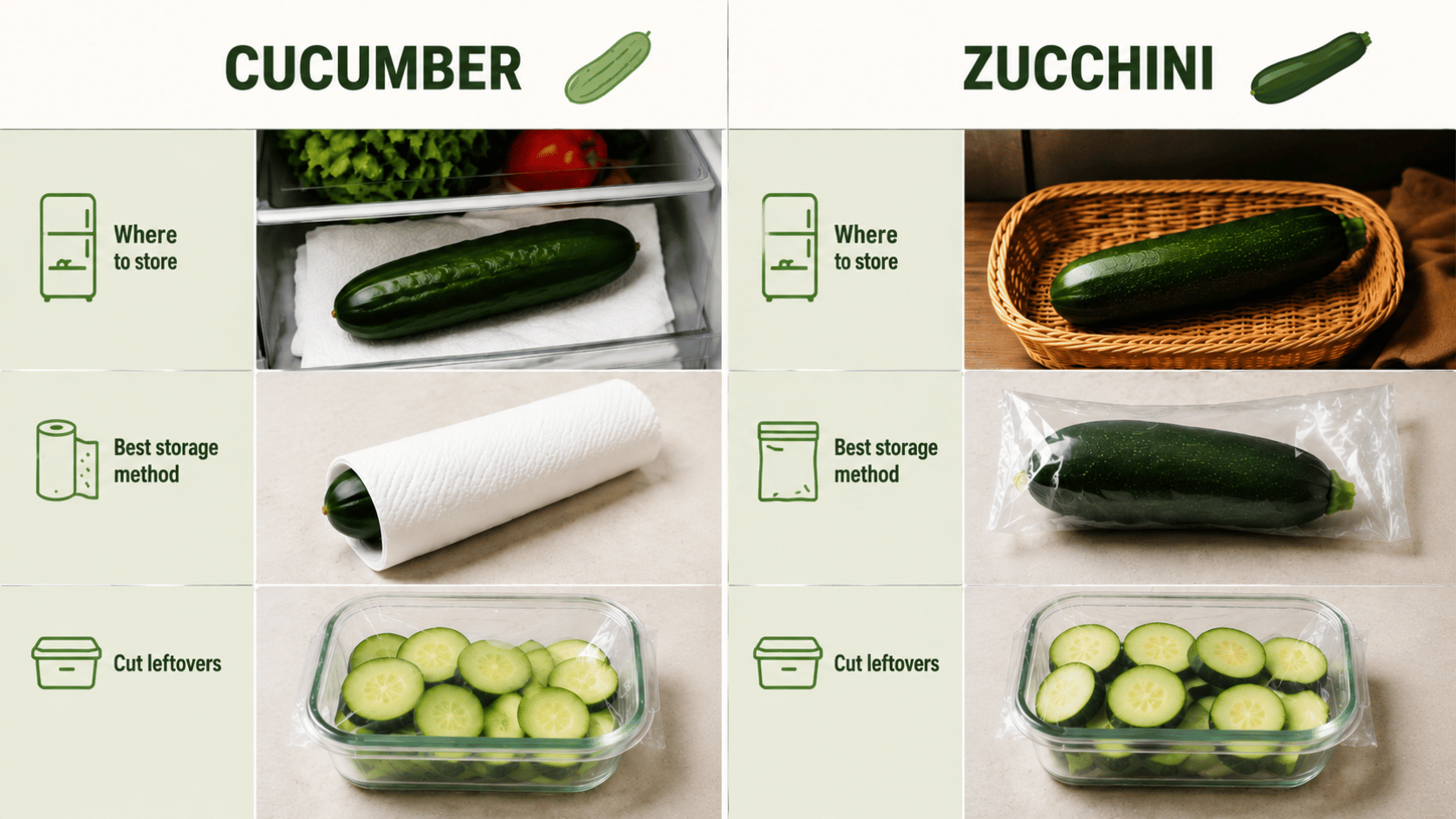 Cucumber vs zucchini storage comparison