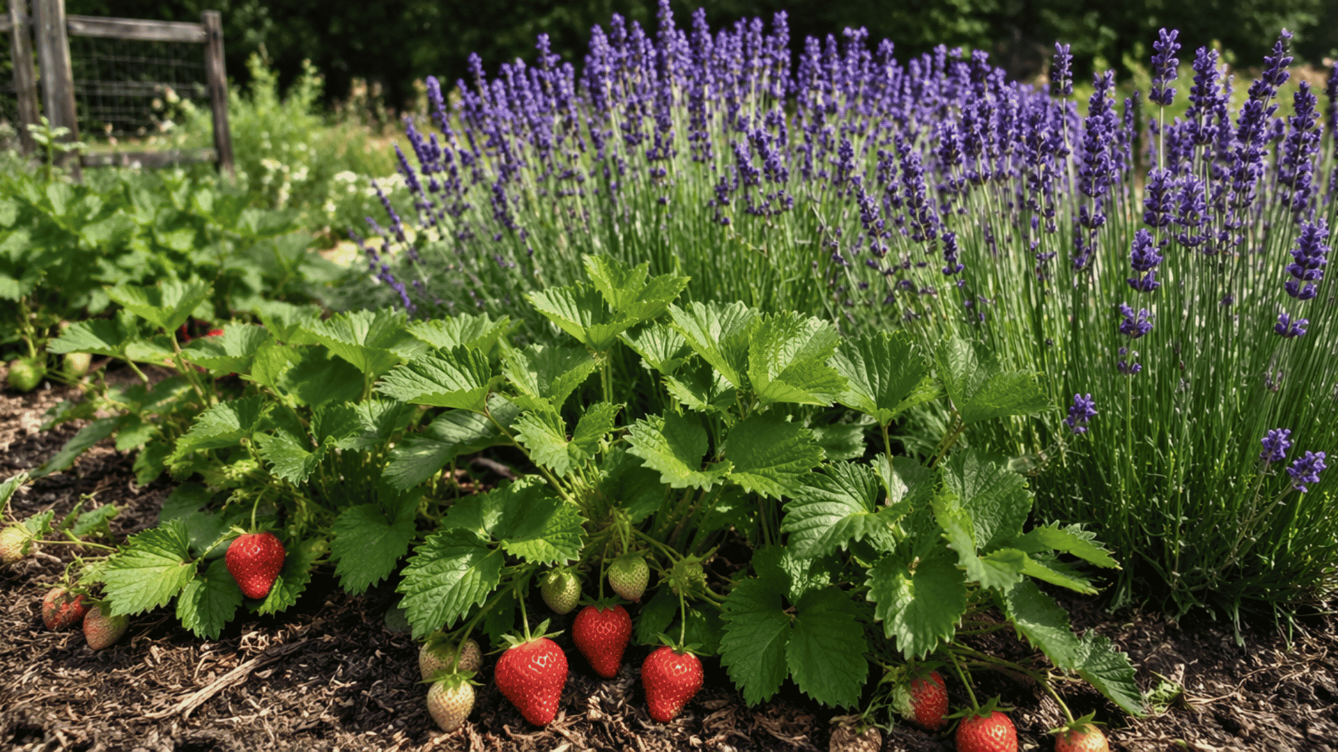 Strawberry plants growing near lavender with pollinators and natural pest deterrence.