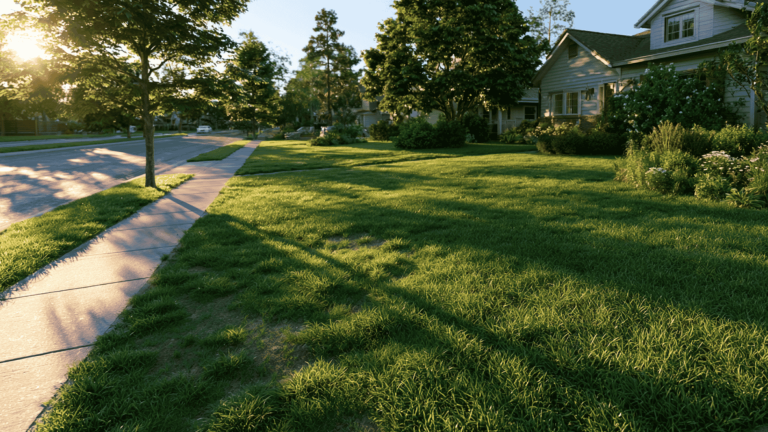 suburban neighborhood with green lawns, trees, sidewalk, and houses in warm evening sunlight (2)