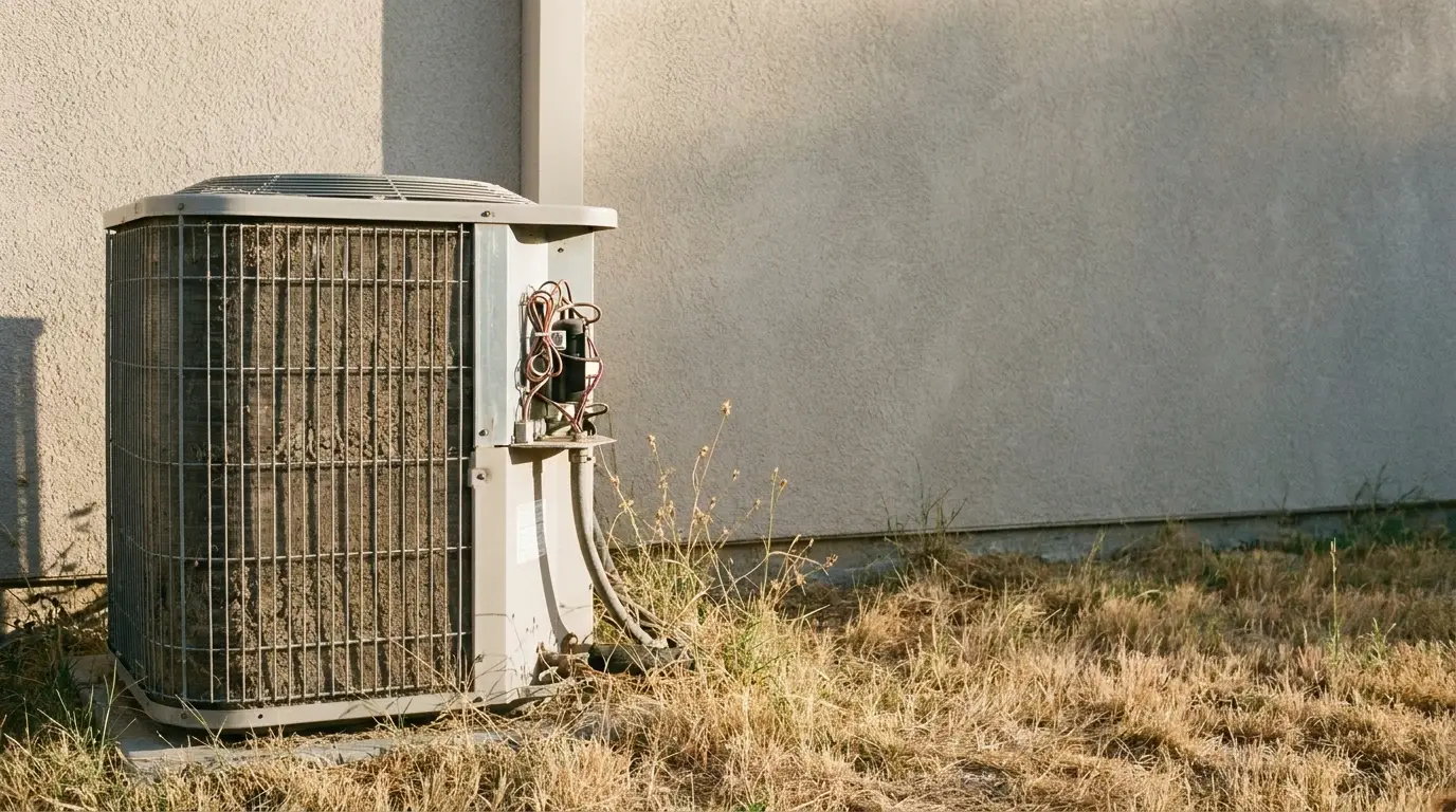 Air conditioning unit beside stucco wall in dry outdoor setting with tall grass