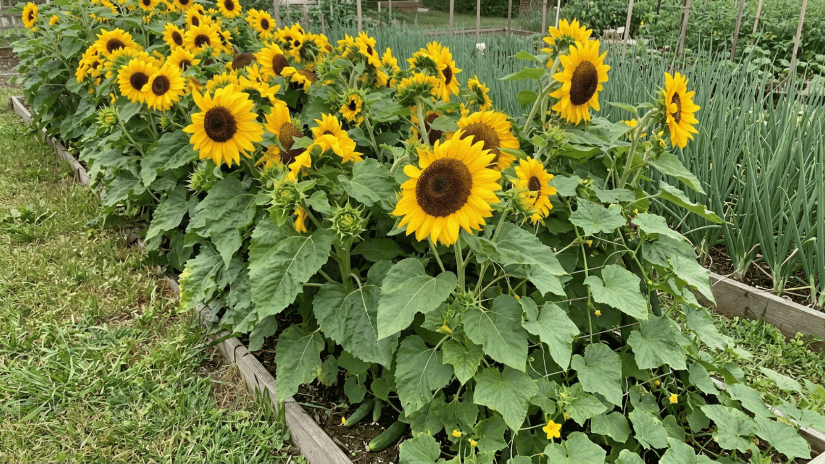 Sunflower plants growing beside cucumber vines in a vegetable garden bed