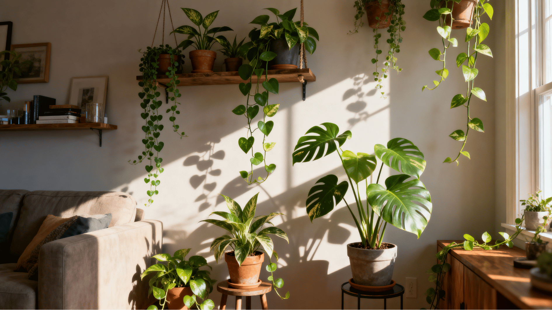 sunlit living room filled with indoor vine plants in hanging pots and shelves, casting shadows on wall near window light