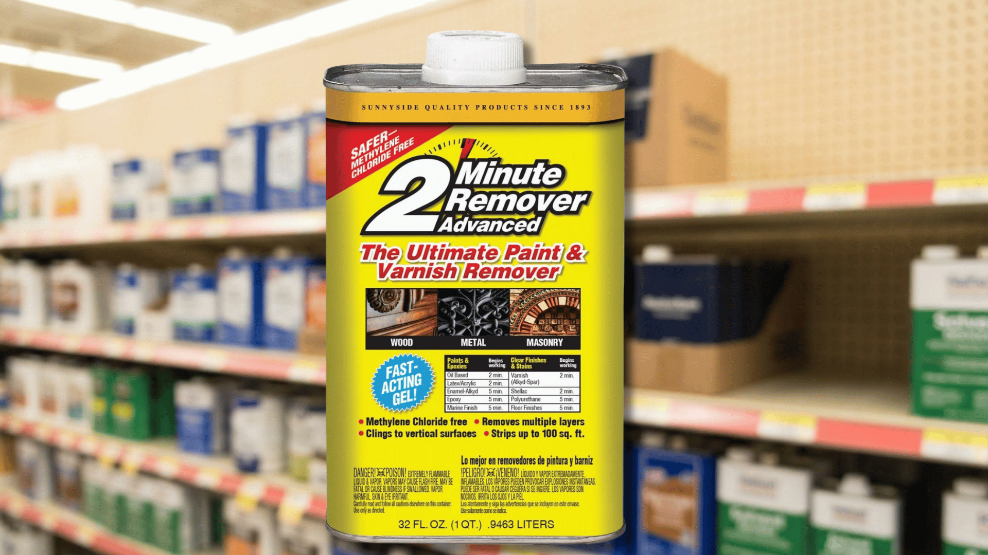 sunnyside 2 minute remover advanced paint & varnish stripper can, 32 fl oz, on blurred store shelf background
