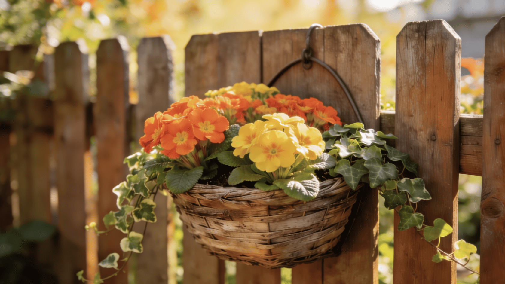 Basket of orange and yellow flowers with trailing ivy hanging on a rustic wooden fence in sunlight