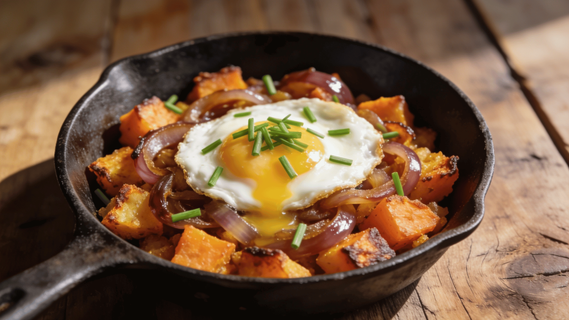 sweet potato breakfast hash with roasted sweet potatoes, caramelized onions, and a sunny-side-up egg served in a cast iron skillet