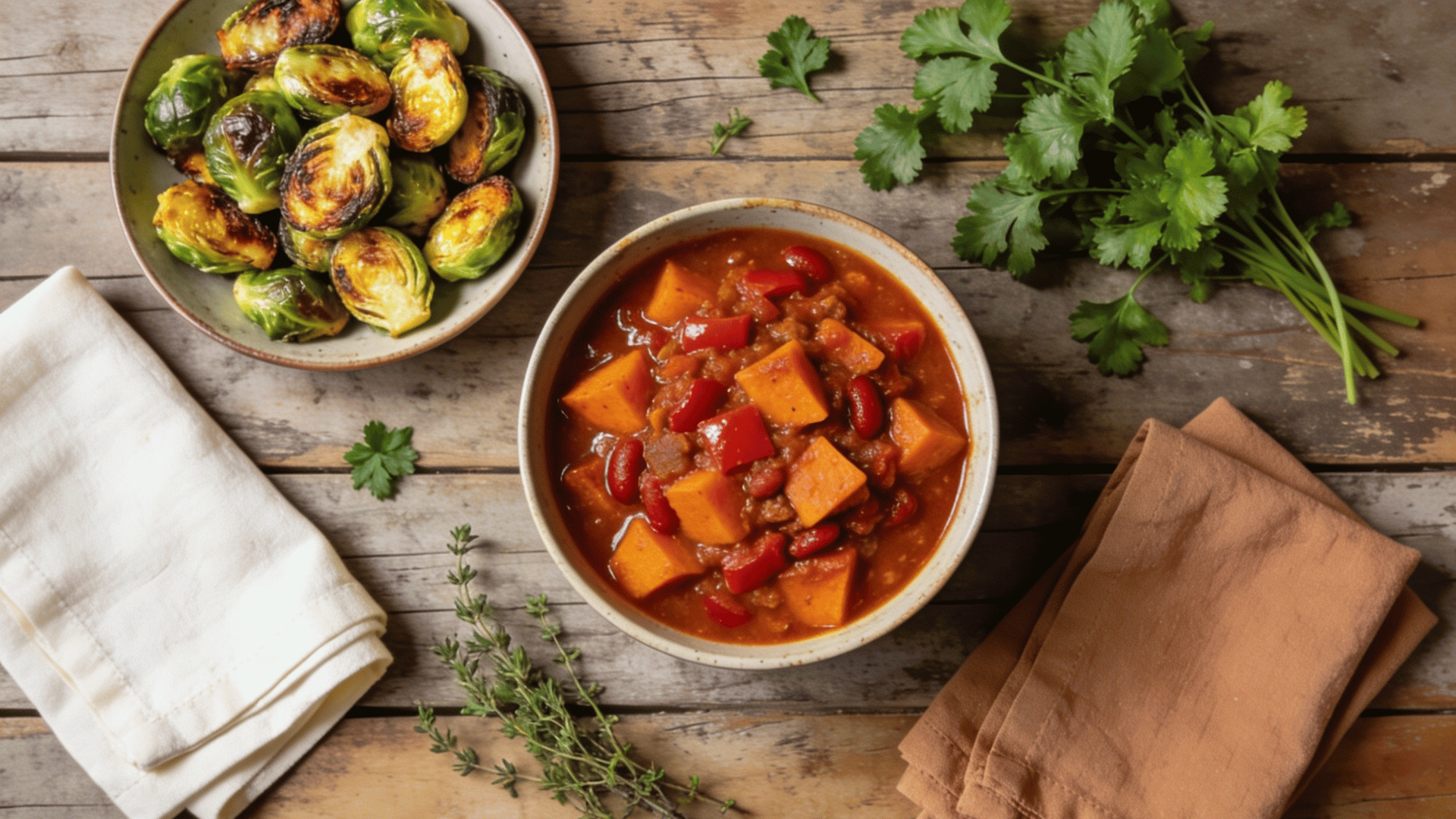 sweet potato chili served with roasted brussels sprouts on a rustic wooden table surrounded by fresh herbs and folded napkins