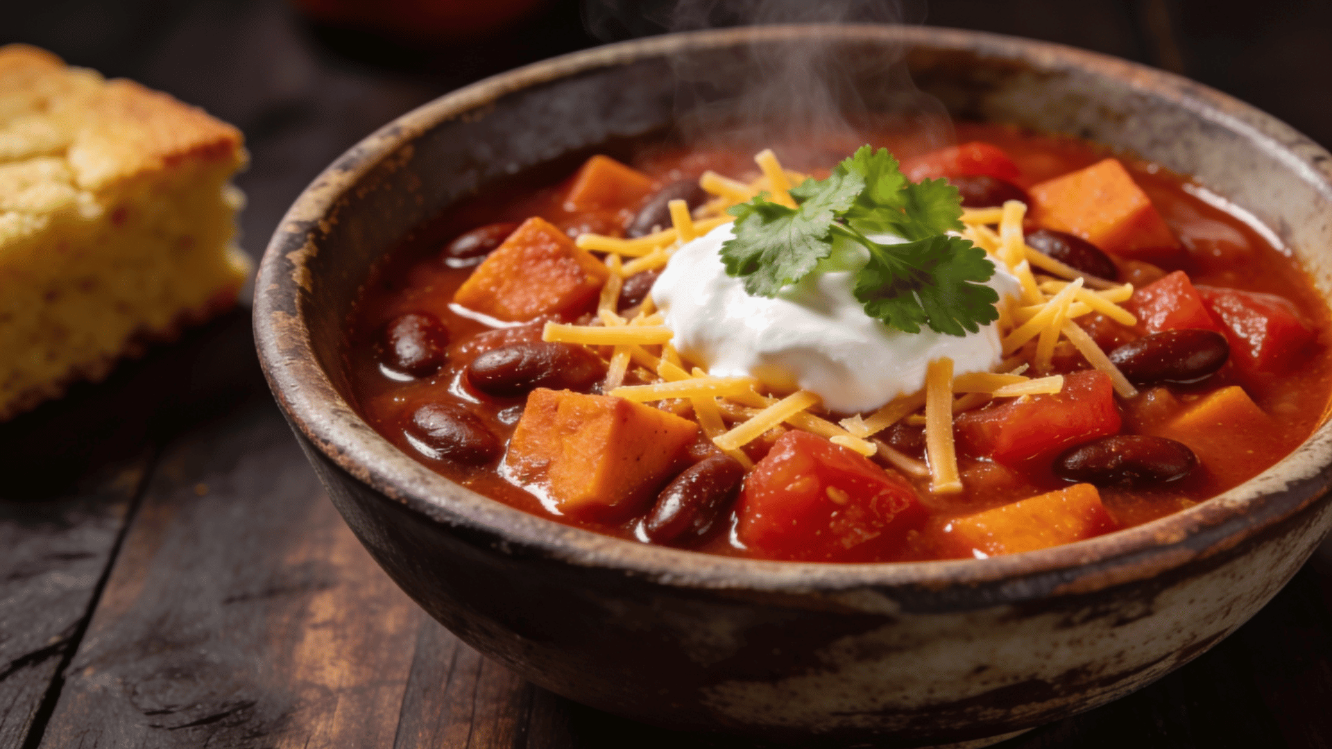 sweet potato chili topped with sour cream, shredded cheese, and fresh cilantro, served hot with cornbread on the side