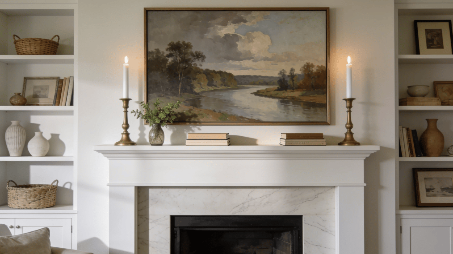 Symmetrical white mantel with landscape painting, candles, books, and built-in shelves