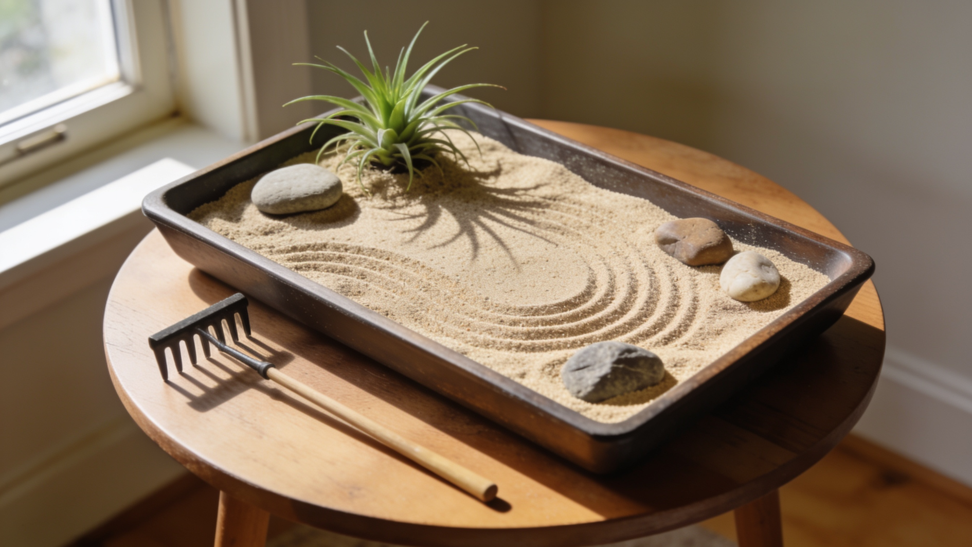 tabletop zen sand garden in tray with raked patterns, stones, rake, and small plant in sunlight