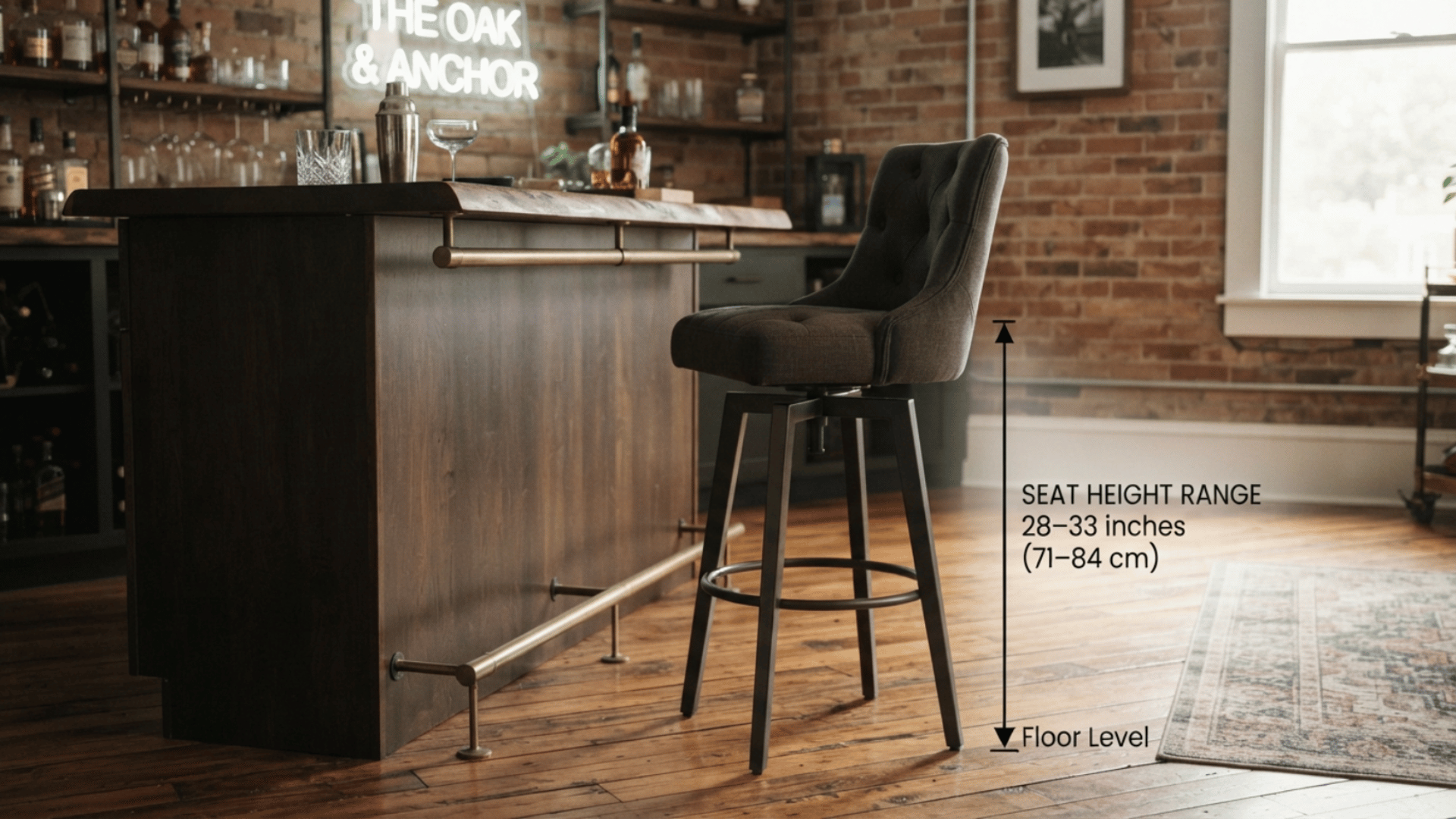 tall bar stool beside counter showing raised seat height marker footrest and padded seating features in stylish bar area