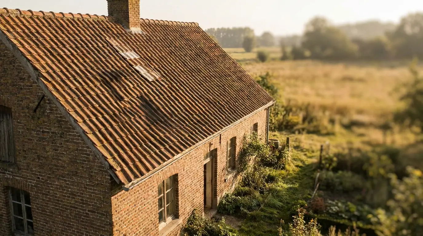 Rustic brick farmhouse with slanted roof in sunlit countryside setting