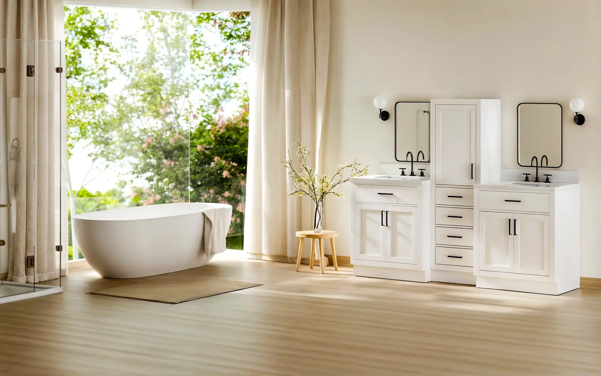 Minimalist bathroom with freestanding bathtub, double sinks, and large window overlooking garden.