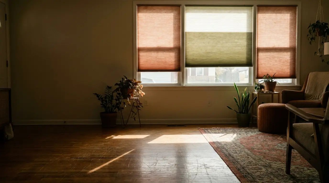 Sunlit living room with potted plants and patterned rug, minimal furniture and warm window shades