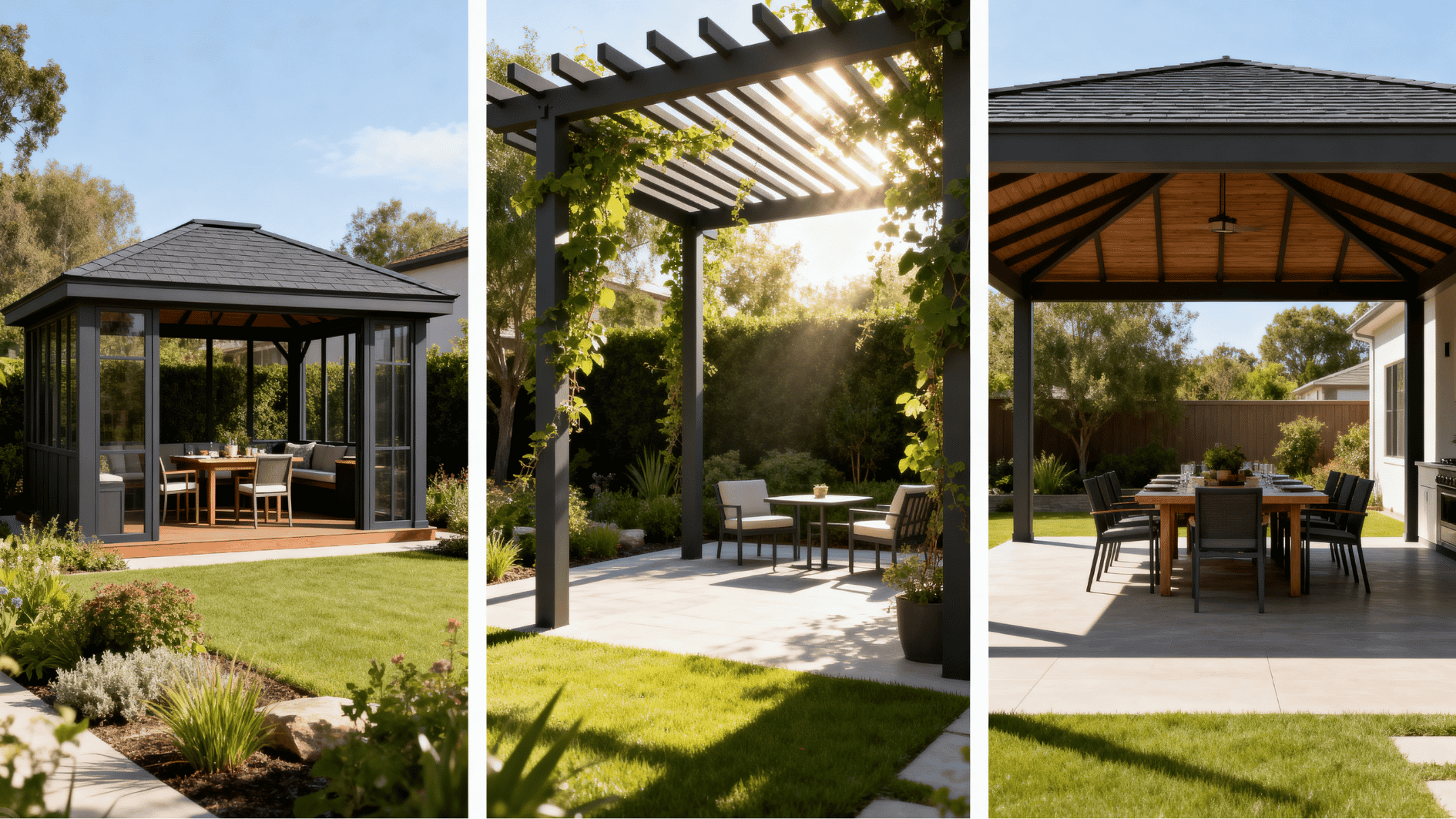 three outdoor structures showing gazebo, pergola, and pavilion designs with shaded seating areas in a landscaped backyard