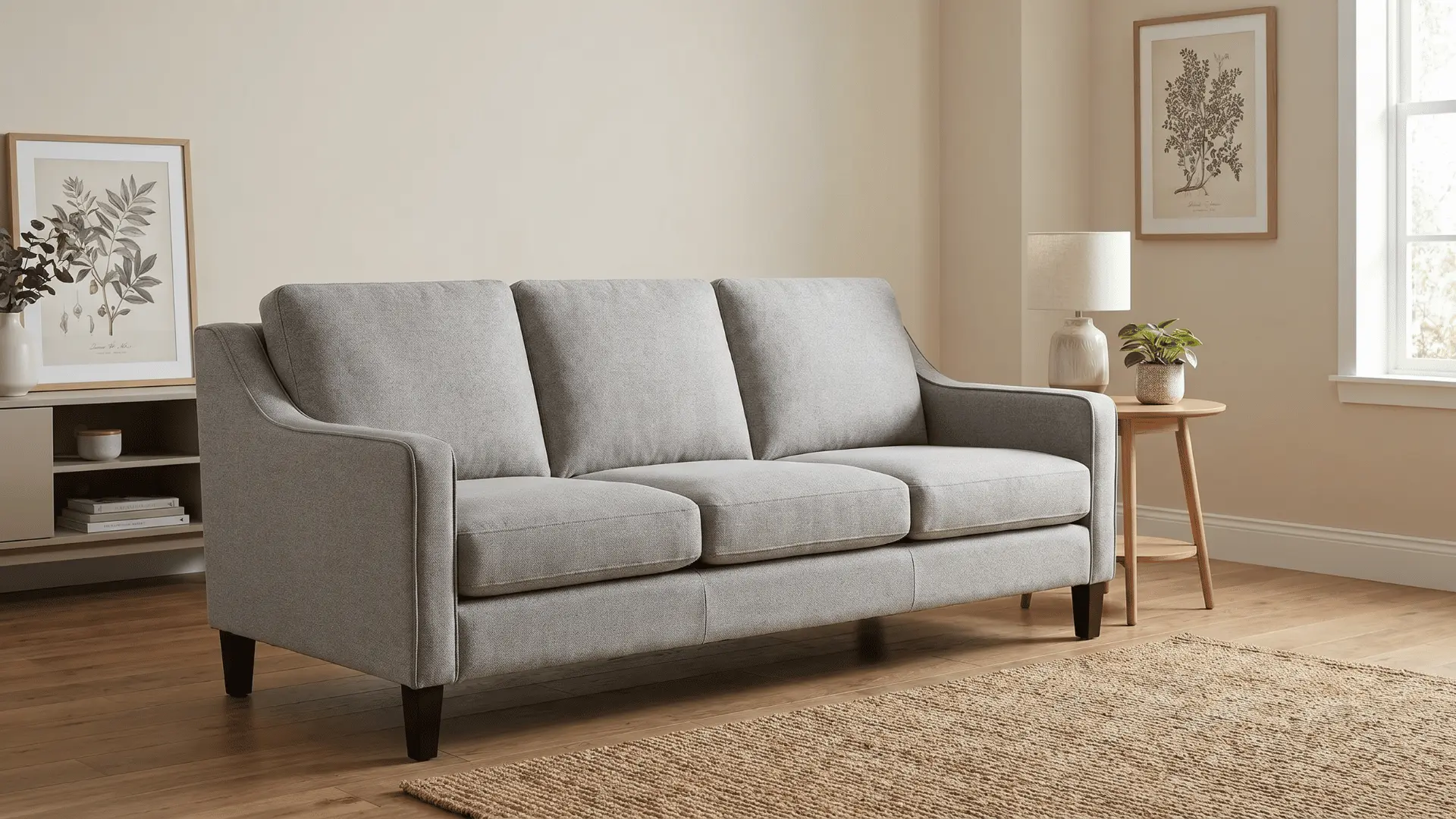 Three seater sofa placed in a medium sized living room