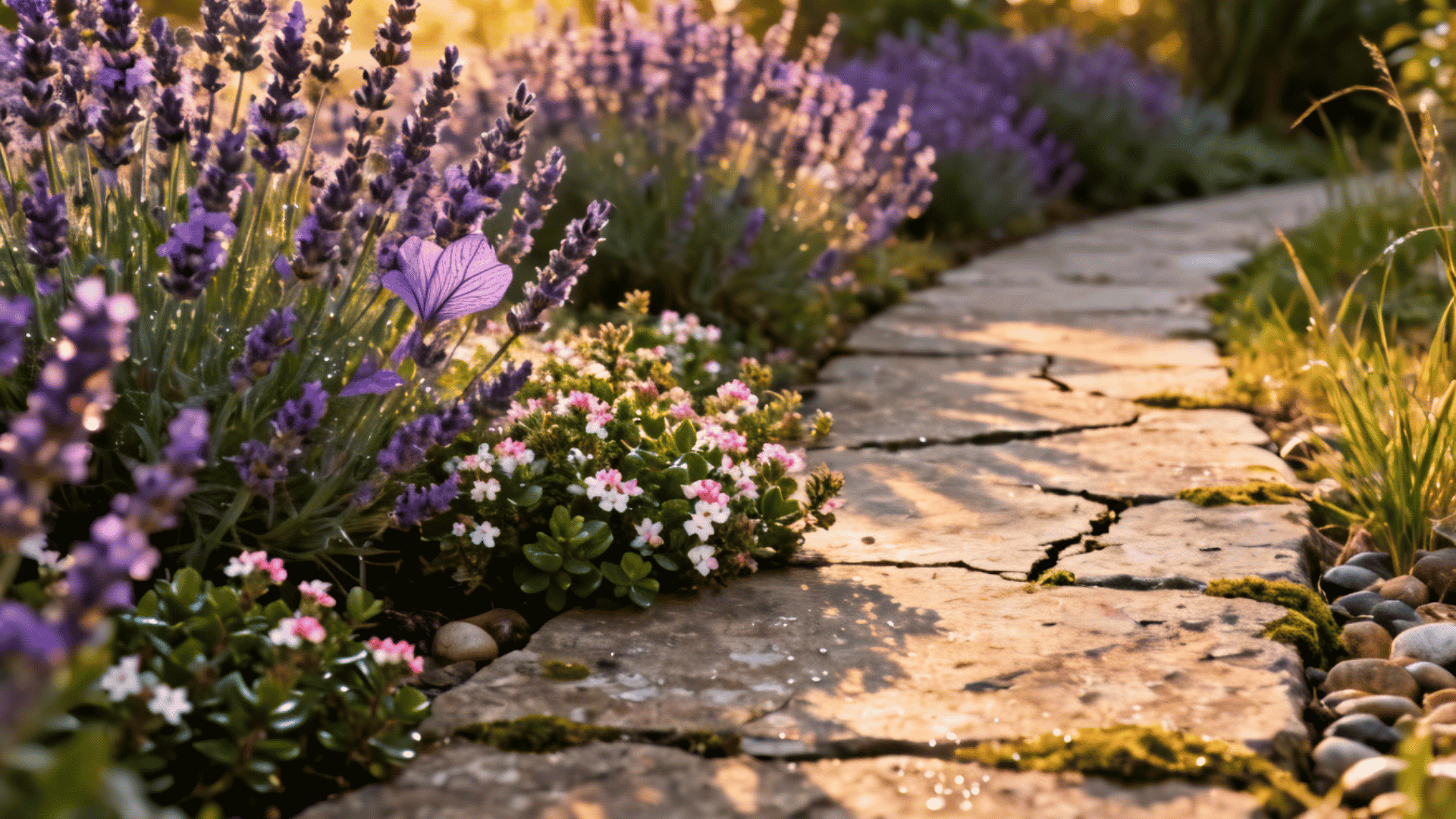 Low-growing thyme spreading around lavender plants as ground cover in a herb garden.