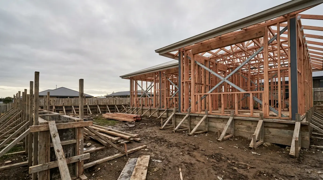 Framed wooden structure under construction in an outdoor area with cloudy sky