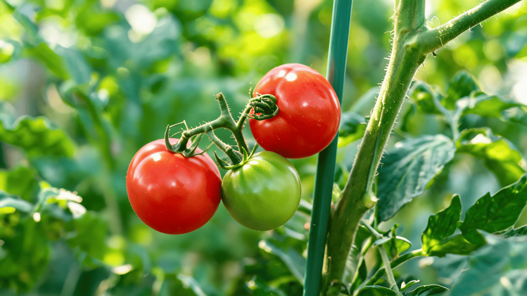 Tomatoes growing on a vine with green leaves in a garden.