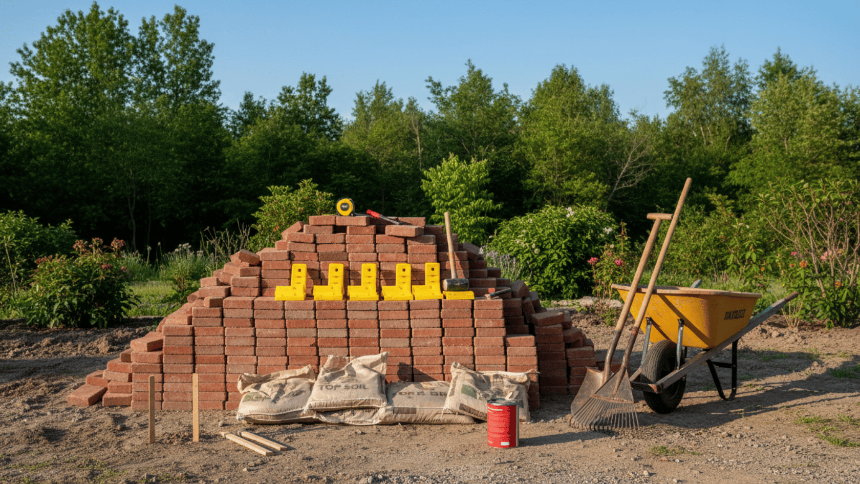 Stacked red bricks forming retaining wall under construction with yellow tools, wheelbarrow, soil bags, trees outdoors