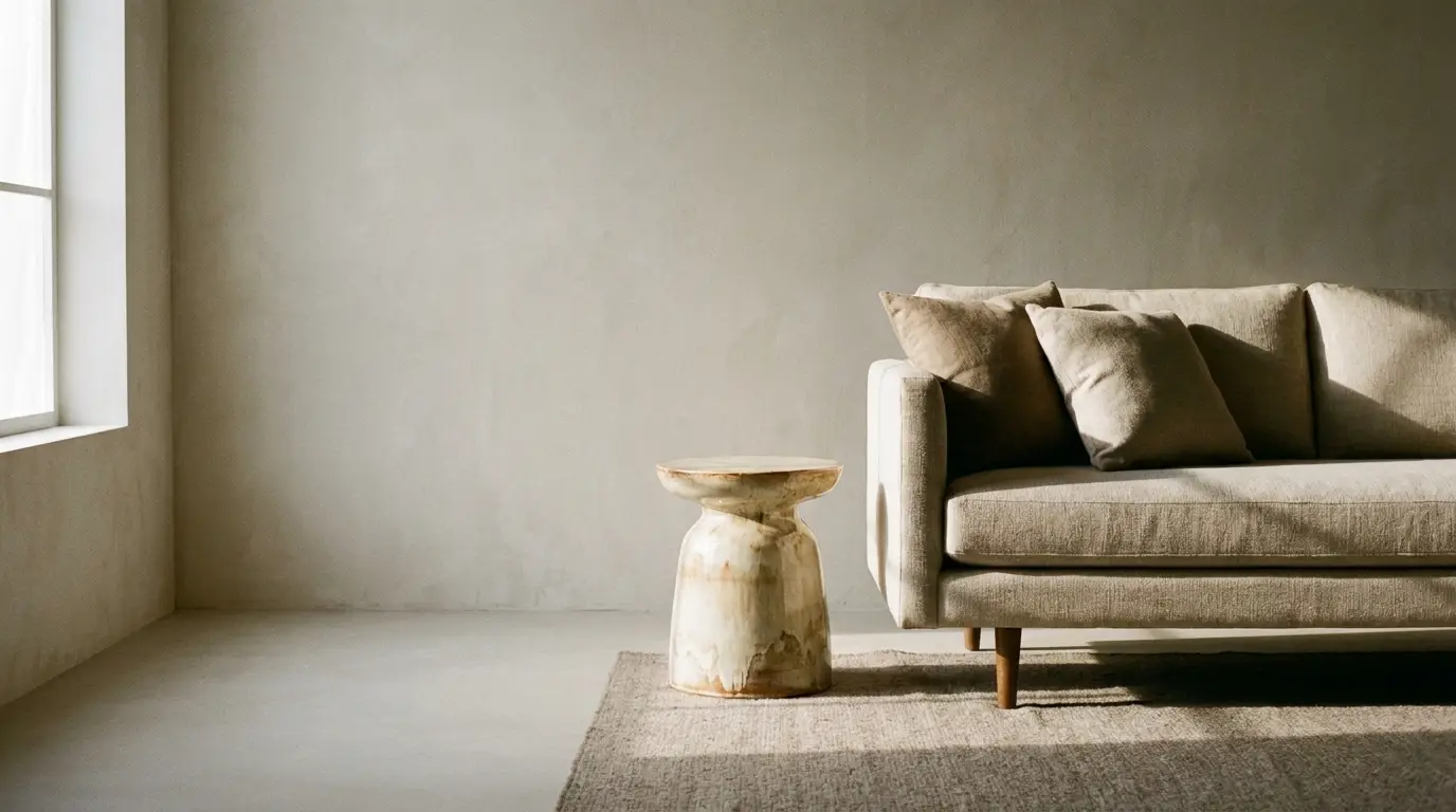 Beige sofa with cushioned pillows next to a ceramic side table in a minimalist living room
