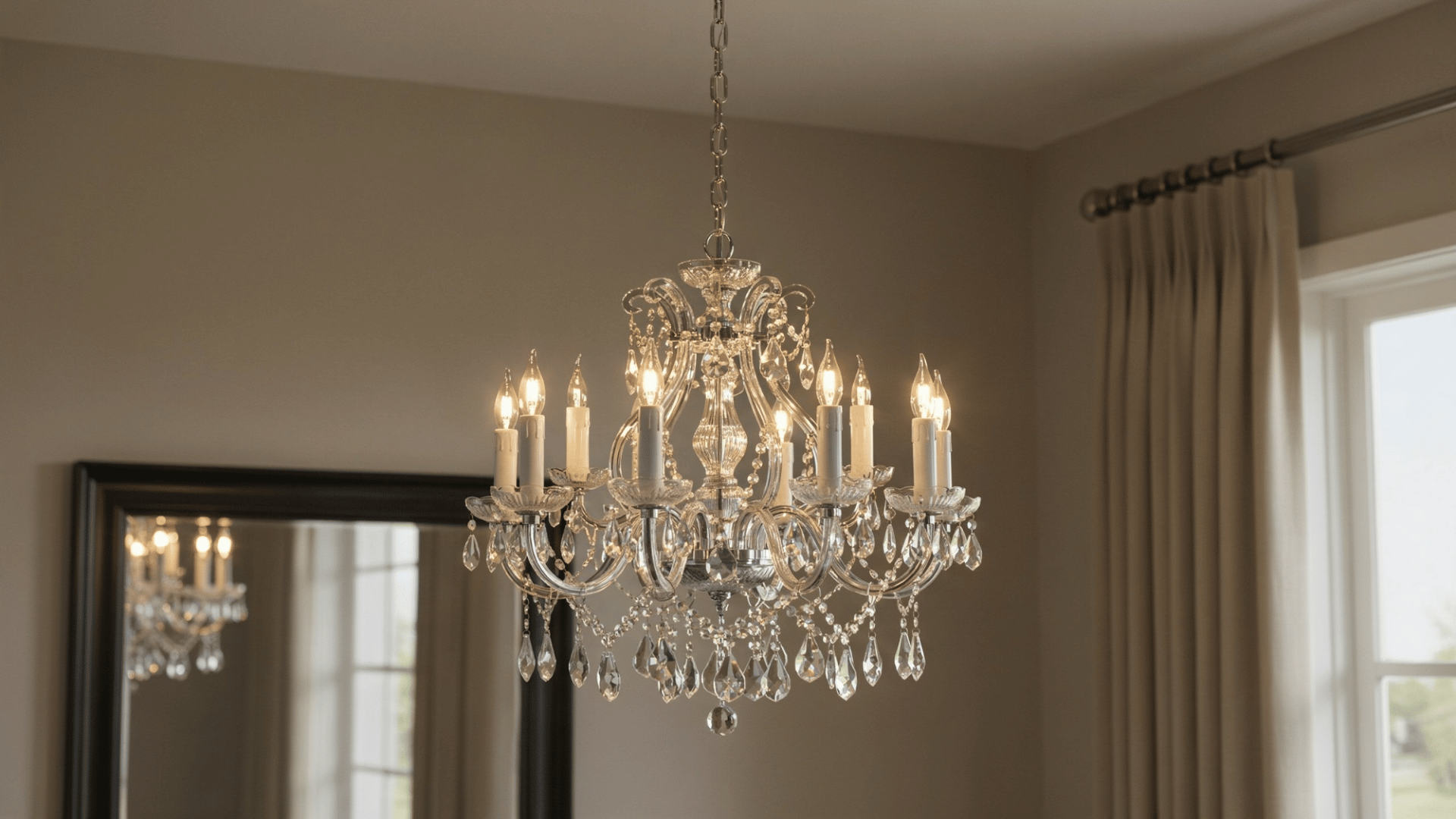 Elegant crystal chandelier with glowing candle bulbs hanging in a neutral room, reflected in a dark-framed mirror behind it