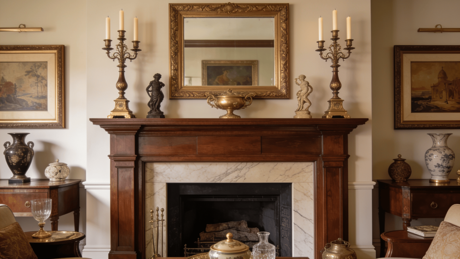 Traditional wooden mantel with mirror, candelabras, statues, and decorative vases