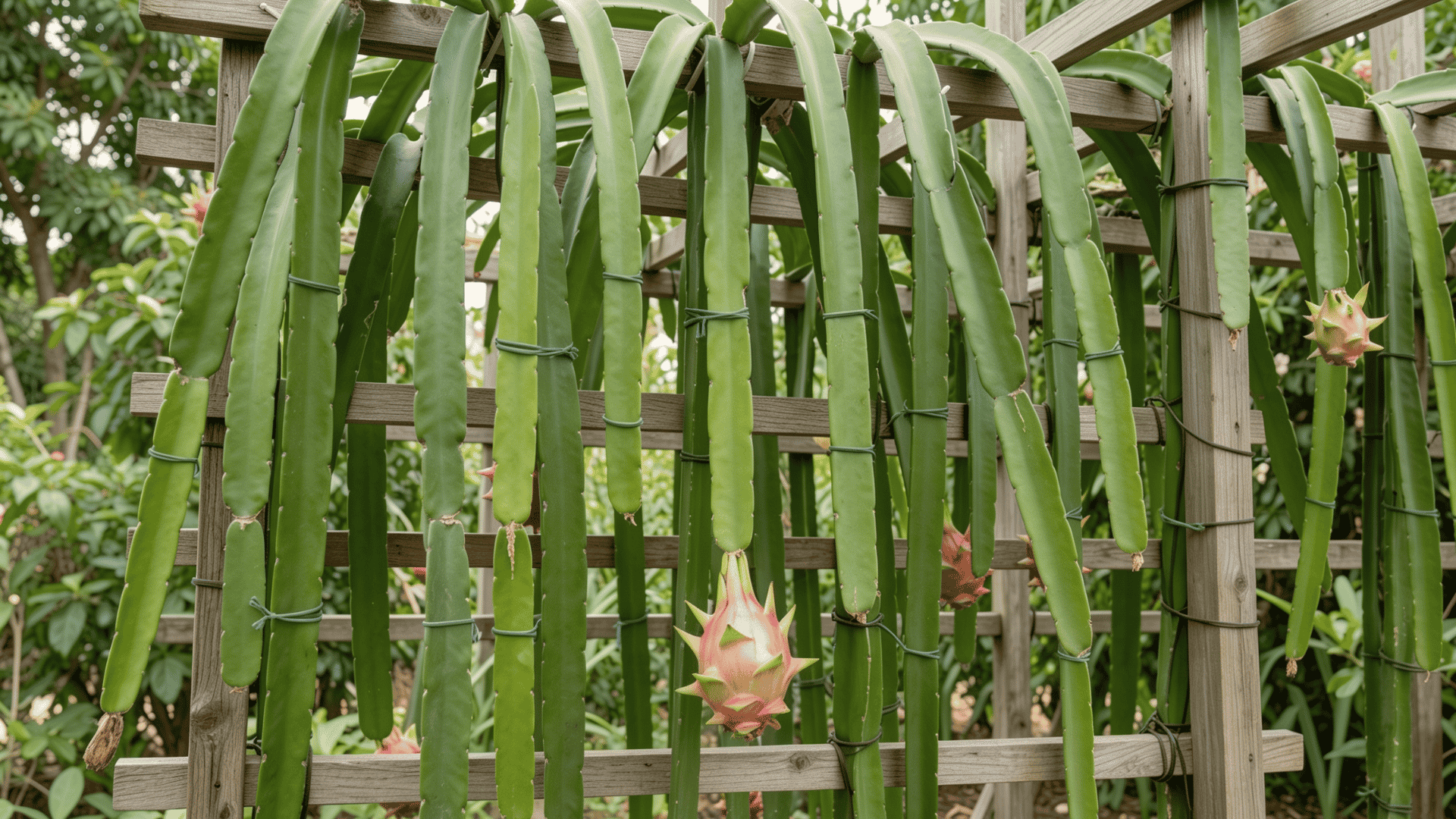 Dragon fruit cactus vine trained vertically along trellis structure.