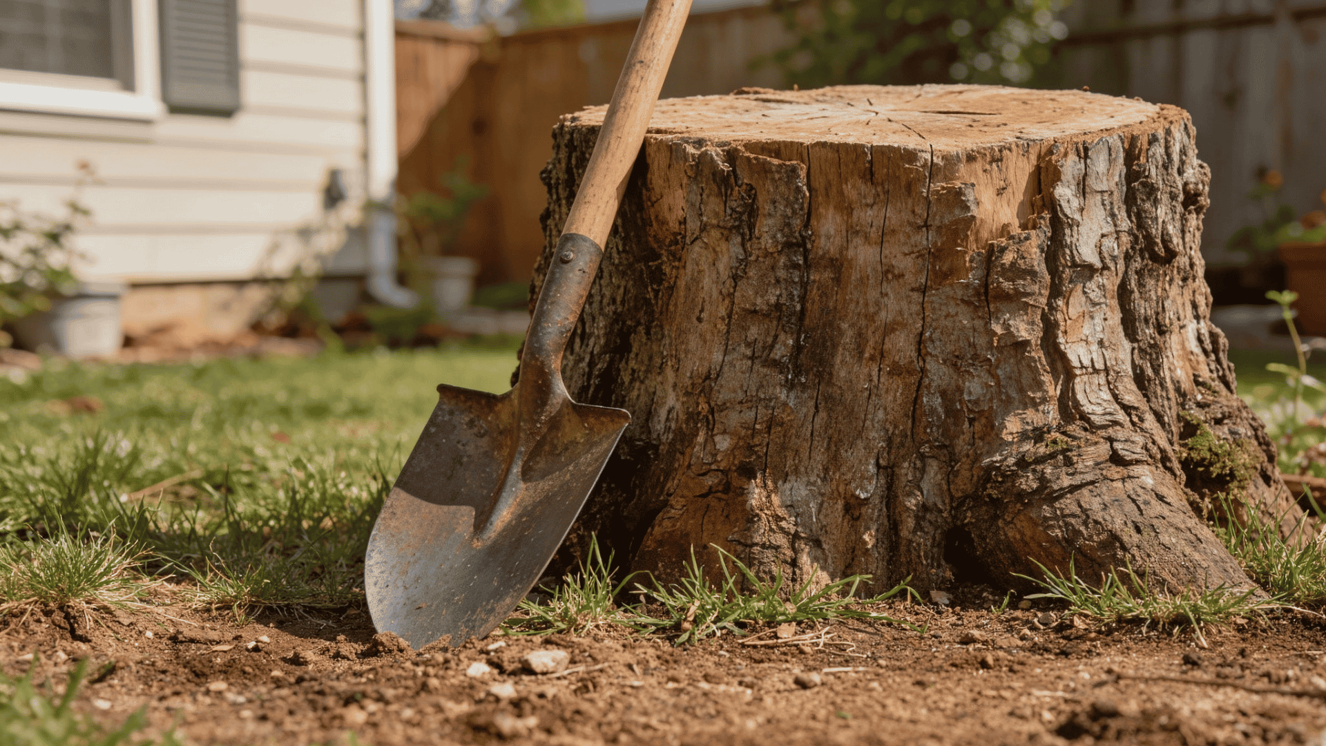 How to remove tree stump process with a shovel beside a large tree stump in a backyard