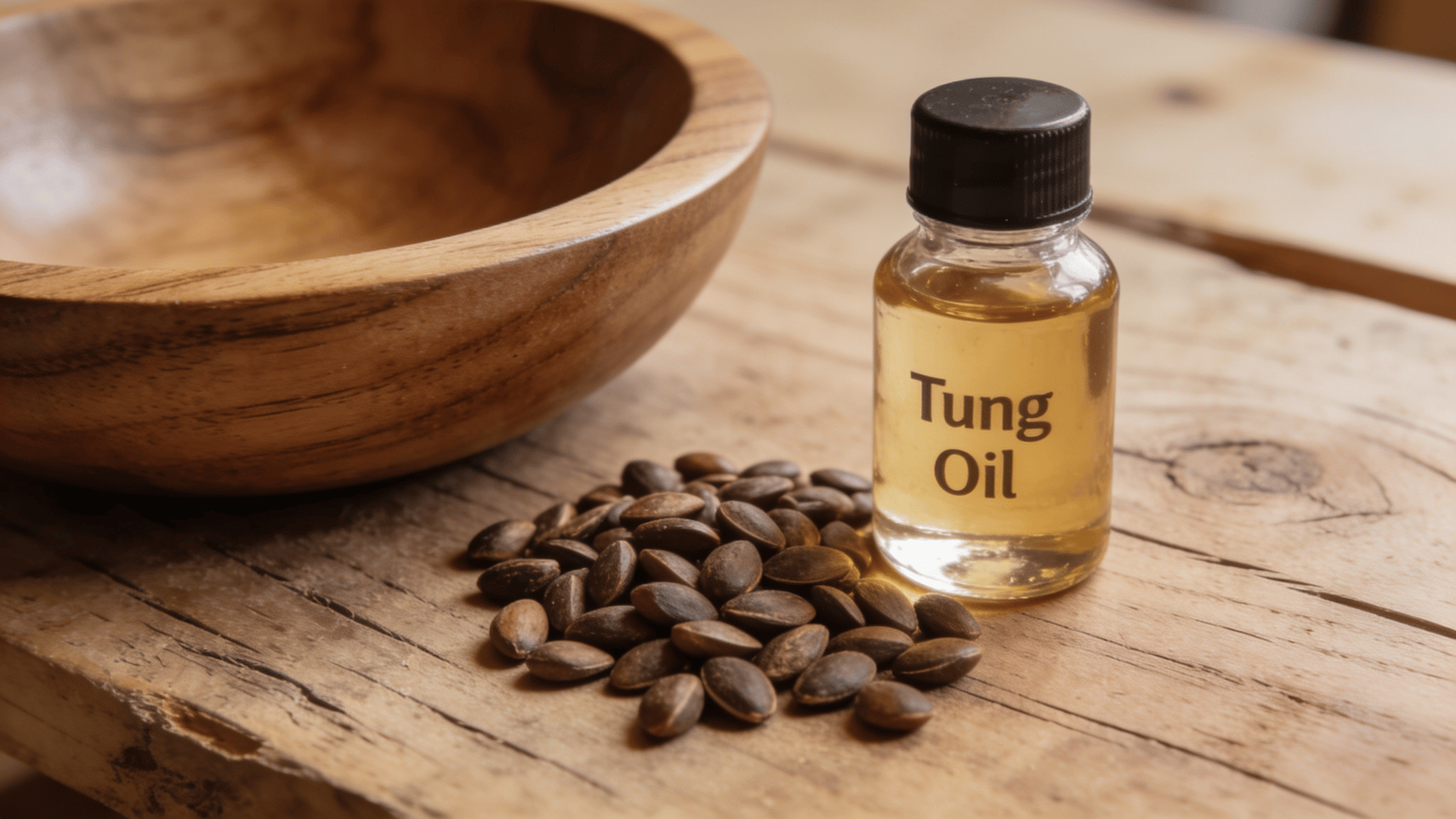Bottle labeled tung oil beside wooden bowl with oil inside on a plain surface