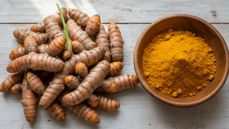 Turmeric roots with sprouting bud next to a wooden bowl of turmeric powder on a light surface.