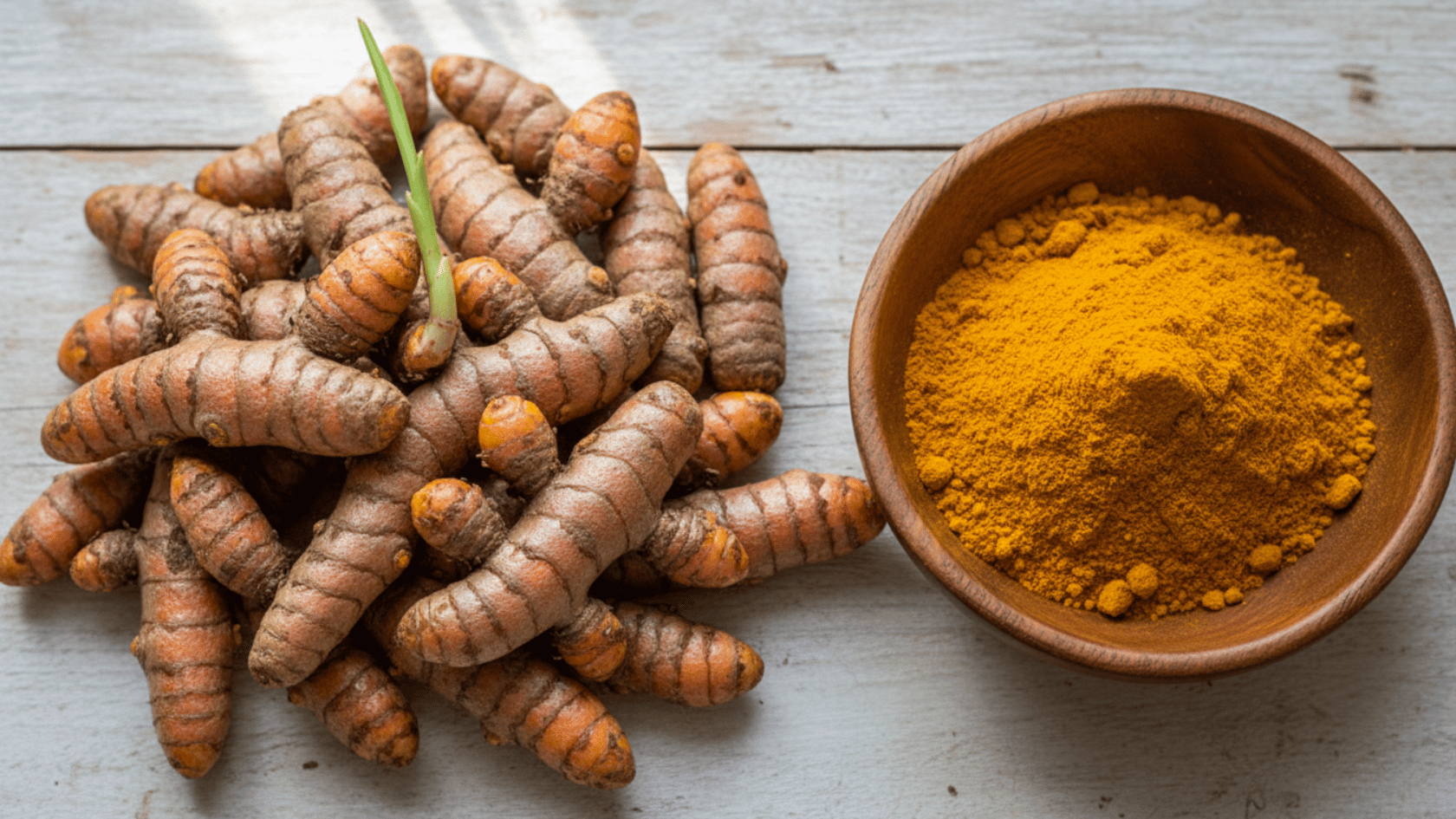 Turmeric roots with sprouting bud next to a wooden bowl of turmeric powder on a light surface.