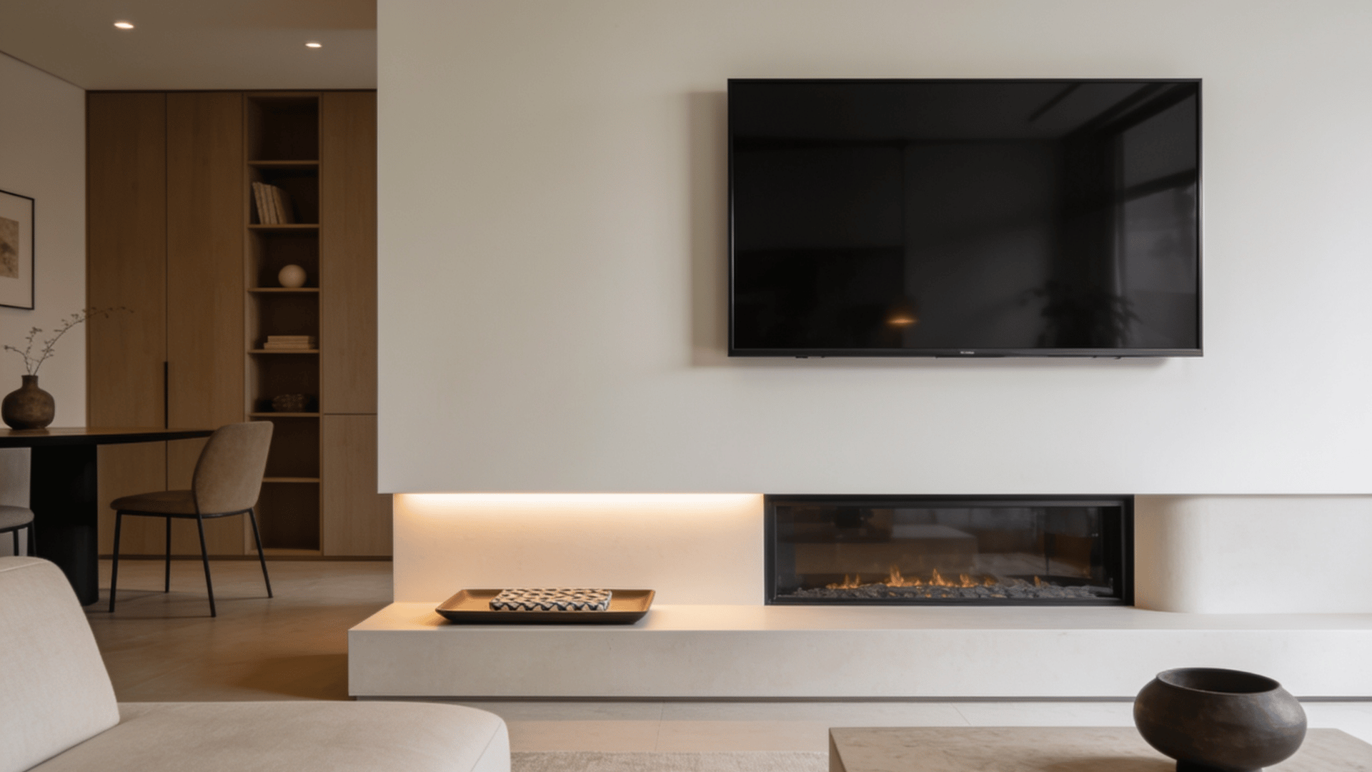 TV above mantel setup with modern fireplace, wall-mounted screen, and minimalist living room decor.