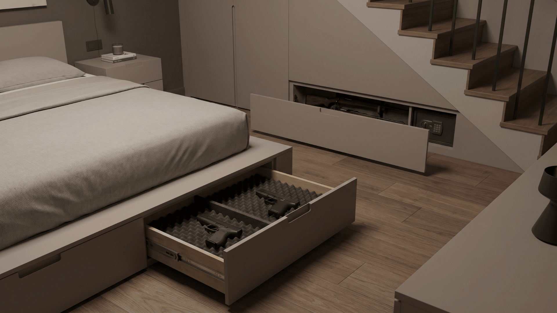 under-bed drawer and under-stair compartment storing firearms in a home interior