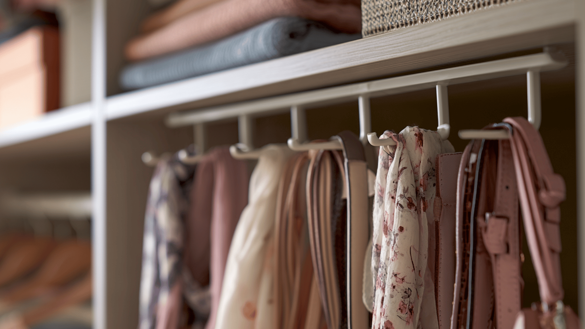under-shelf hooks holding scarves and belts neatly inside a closet storage shelf