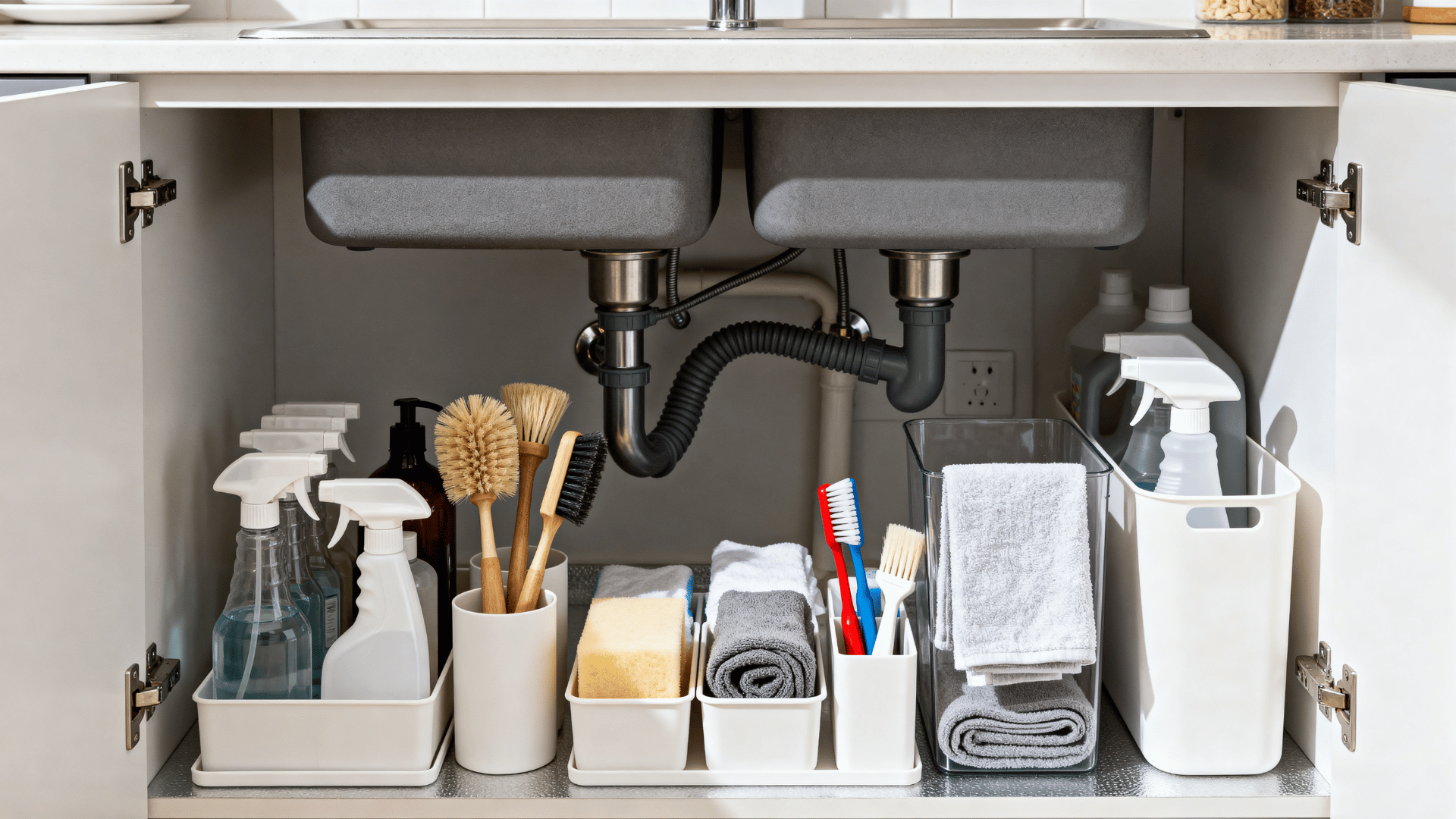 under sink kitchen cabinet with cleaning supplies stored separately in an organized dedicated storage area