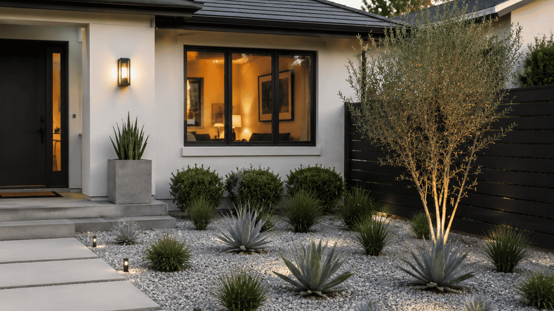 Modern minimalist front yard with gravel landscaping, succulents, clean concrete pathway, and a simple structured home exterior.