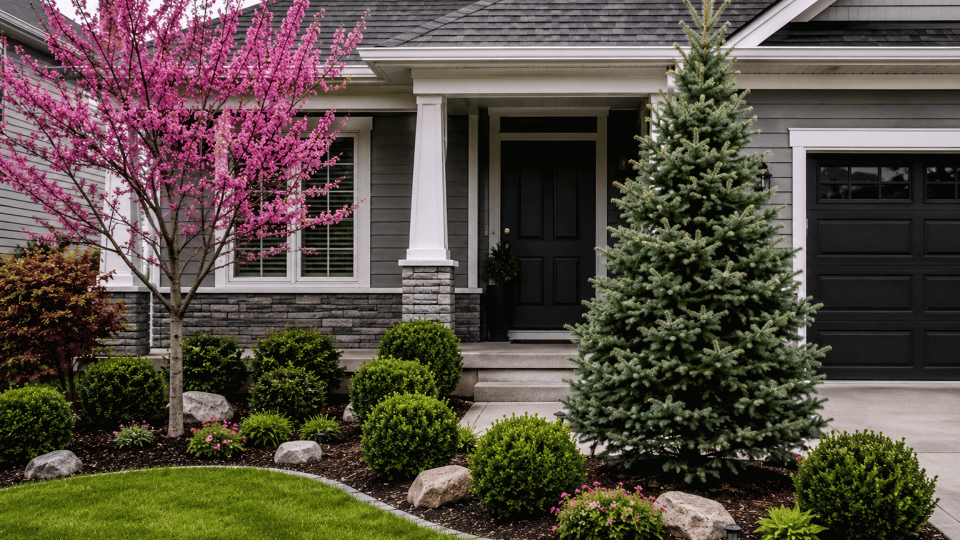 Front yard of a suburban house with manicured lawn, ornamental redbud and spruce trees, stone-edged garden beds, and a dark front door with white trim.