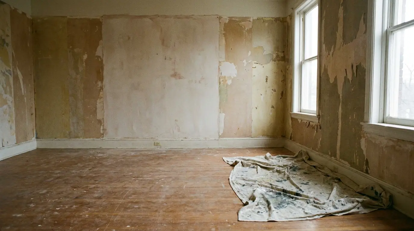 Empty room with peeling wallpaper, hardwood floor, and paint-stained drop cloth by large windows