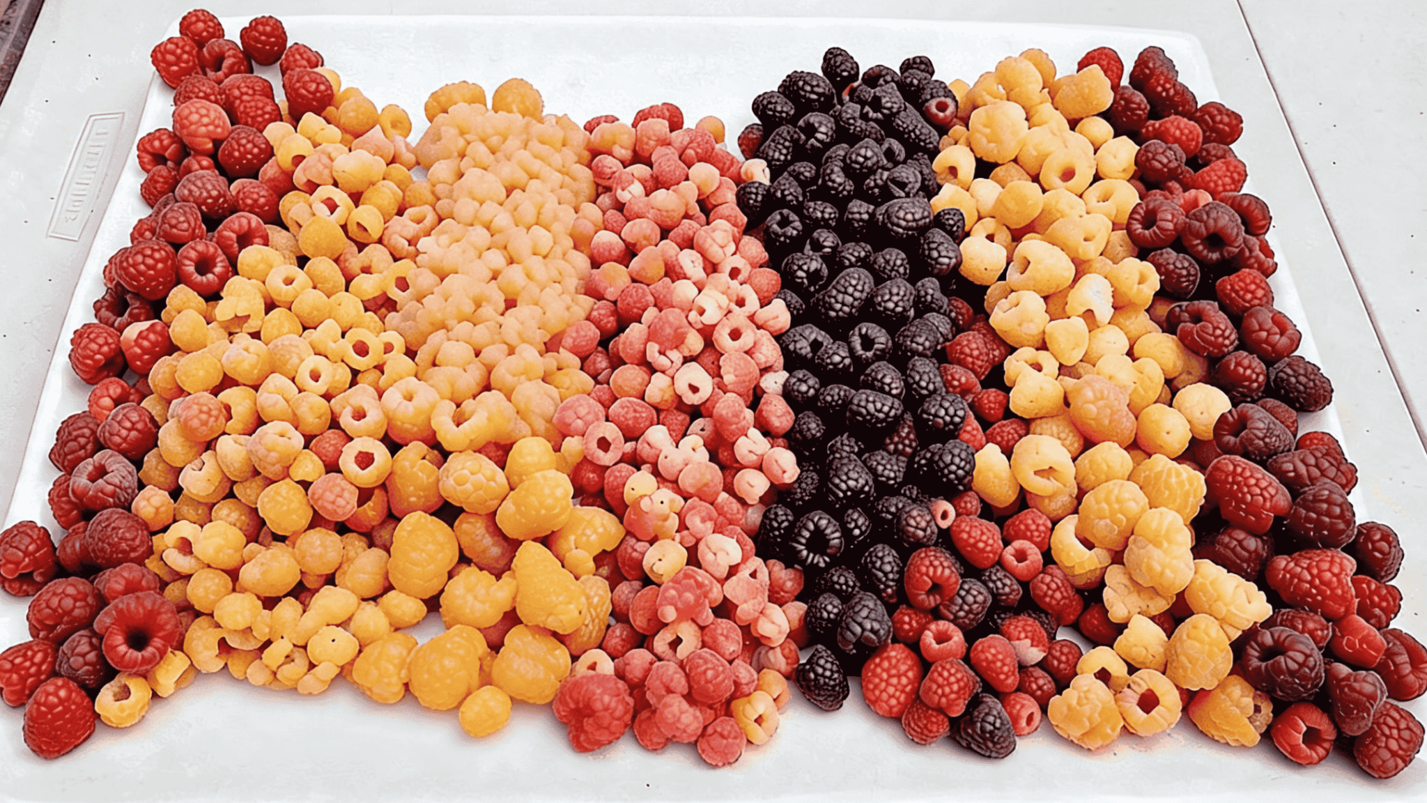 Assorted red, yellow, pink, and dark raspberries arranged on a white tray