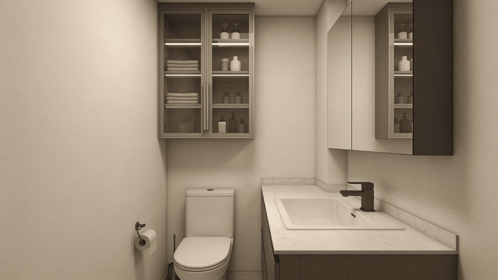 Bathroom with vertical wall storage above toilet and sink