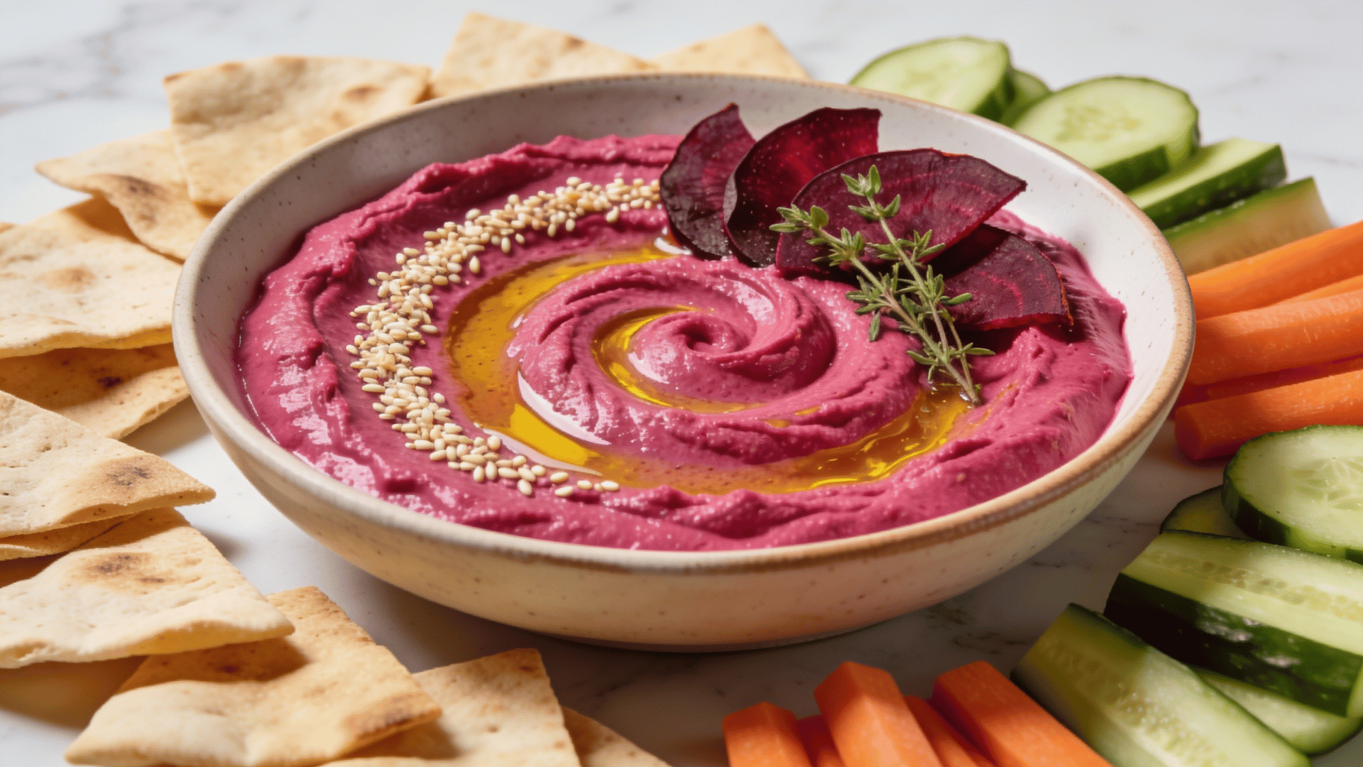 vibrant beet hummus topped with olive oil and sesame seeds, served with pita chips, cucumber slices, and carrot sticks for dipping