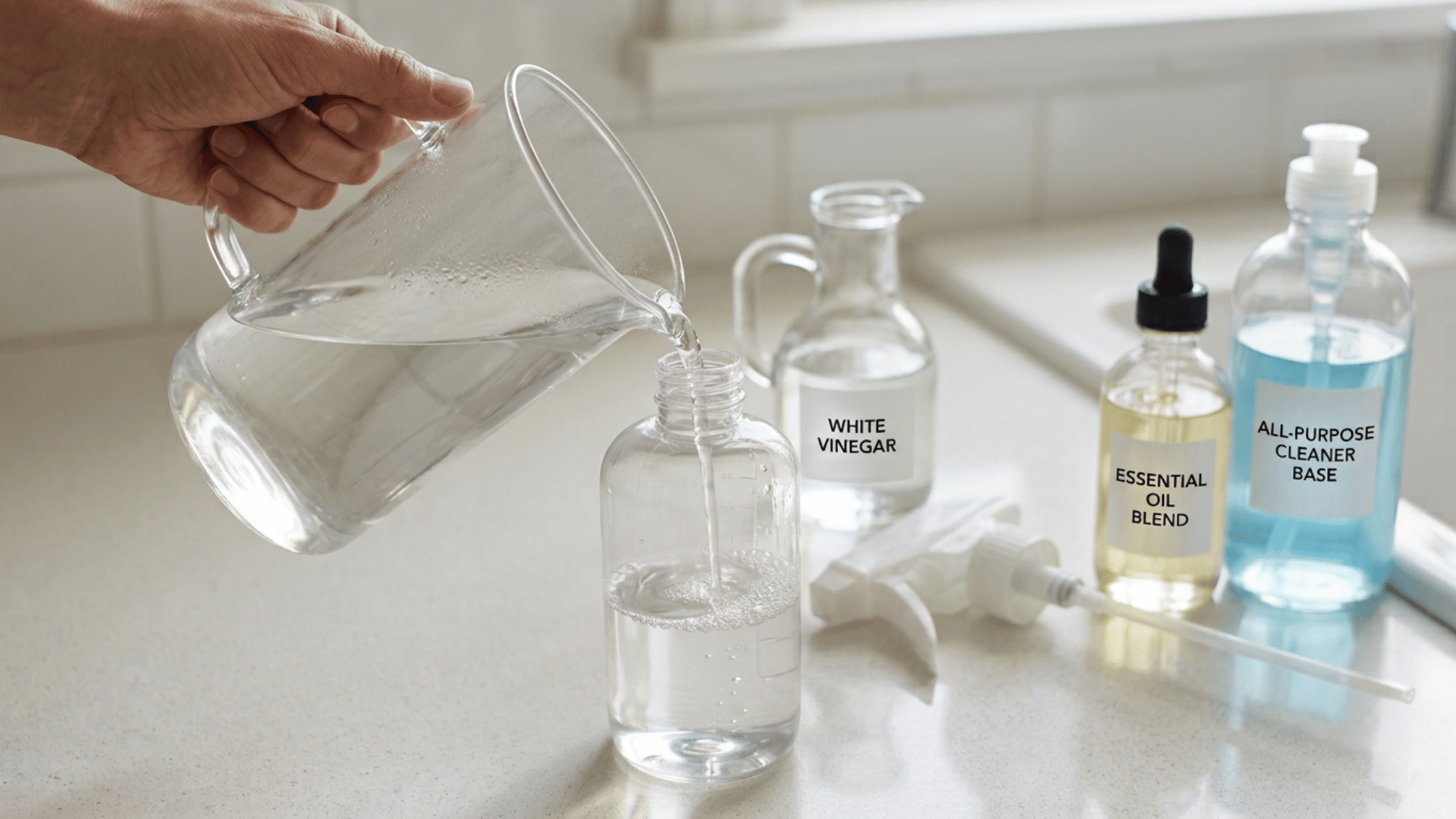 Vinegar being poured into a spray bottle with dish soap and oil nearby.