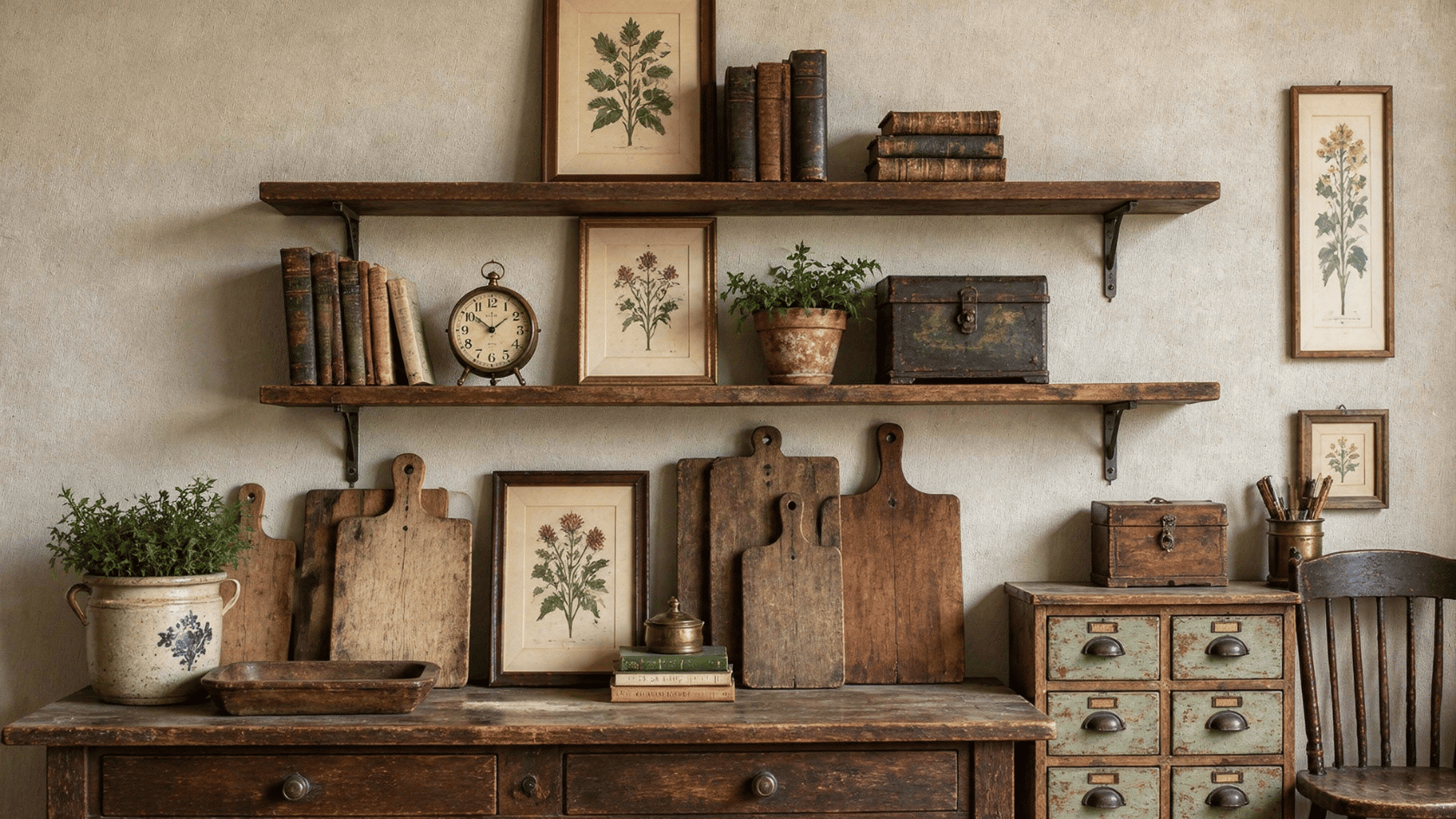 Vintage clock, botanical art, cutting boards, painted stool, and small furniture in a French country kitchen