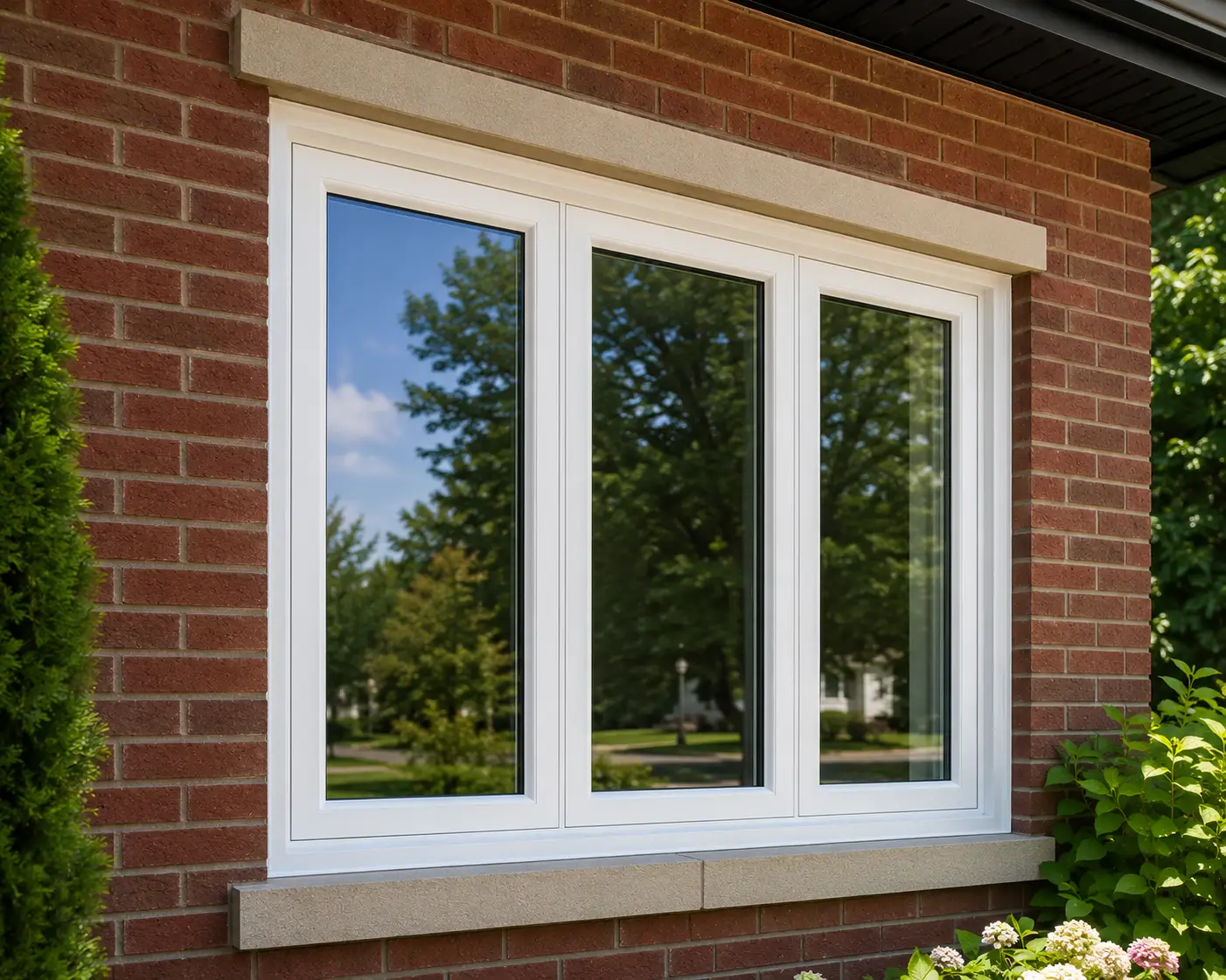 White-framed window on red brick wall reflecting trees in sunny outdoor setting