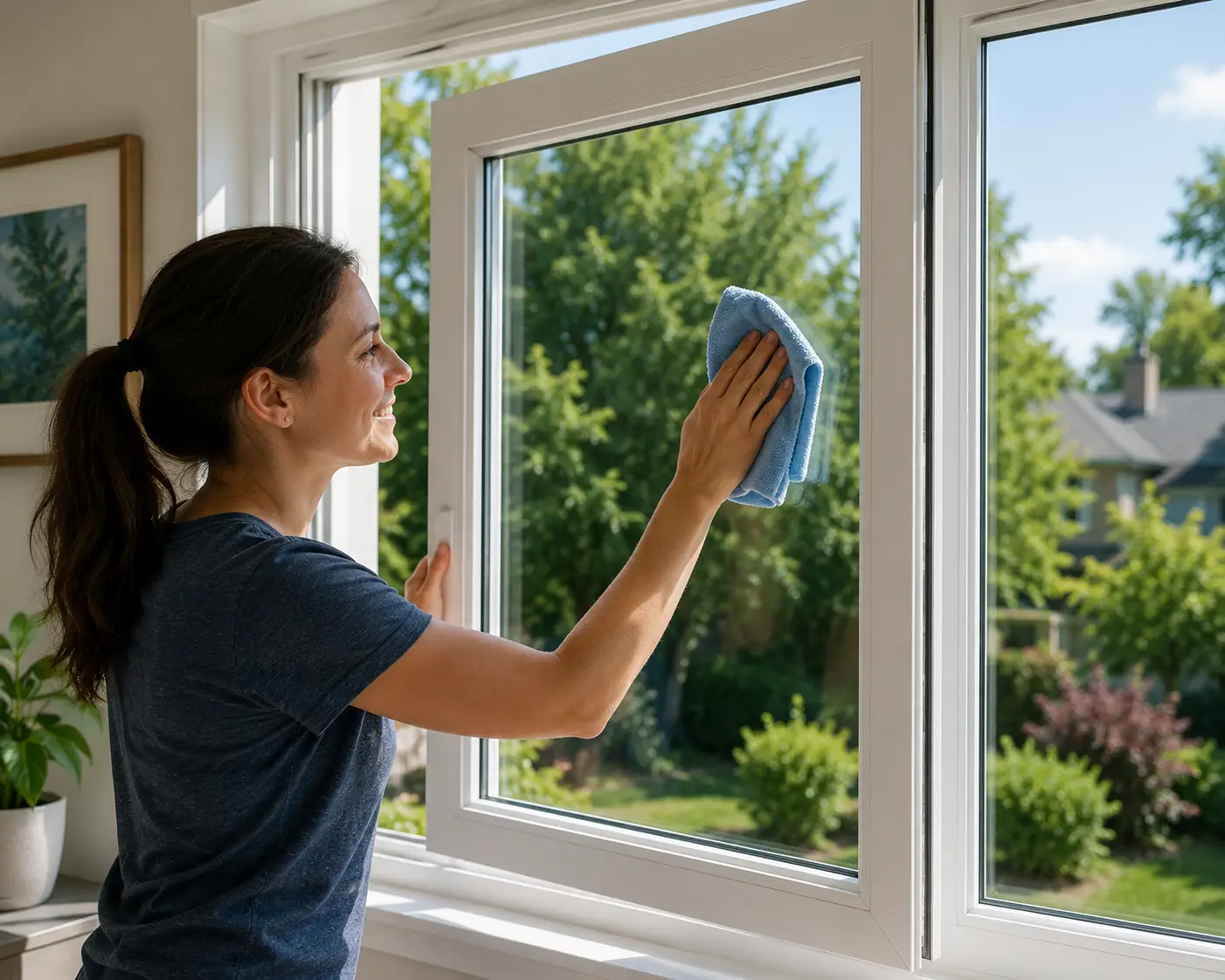 Woman cleaning a window with blue cloth in sunny room facing garden