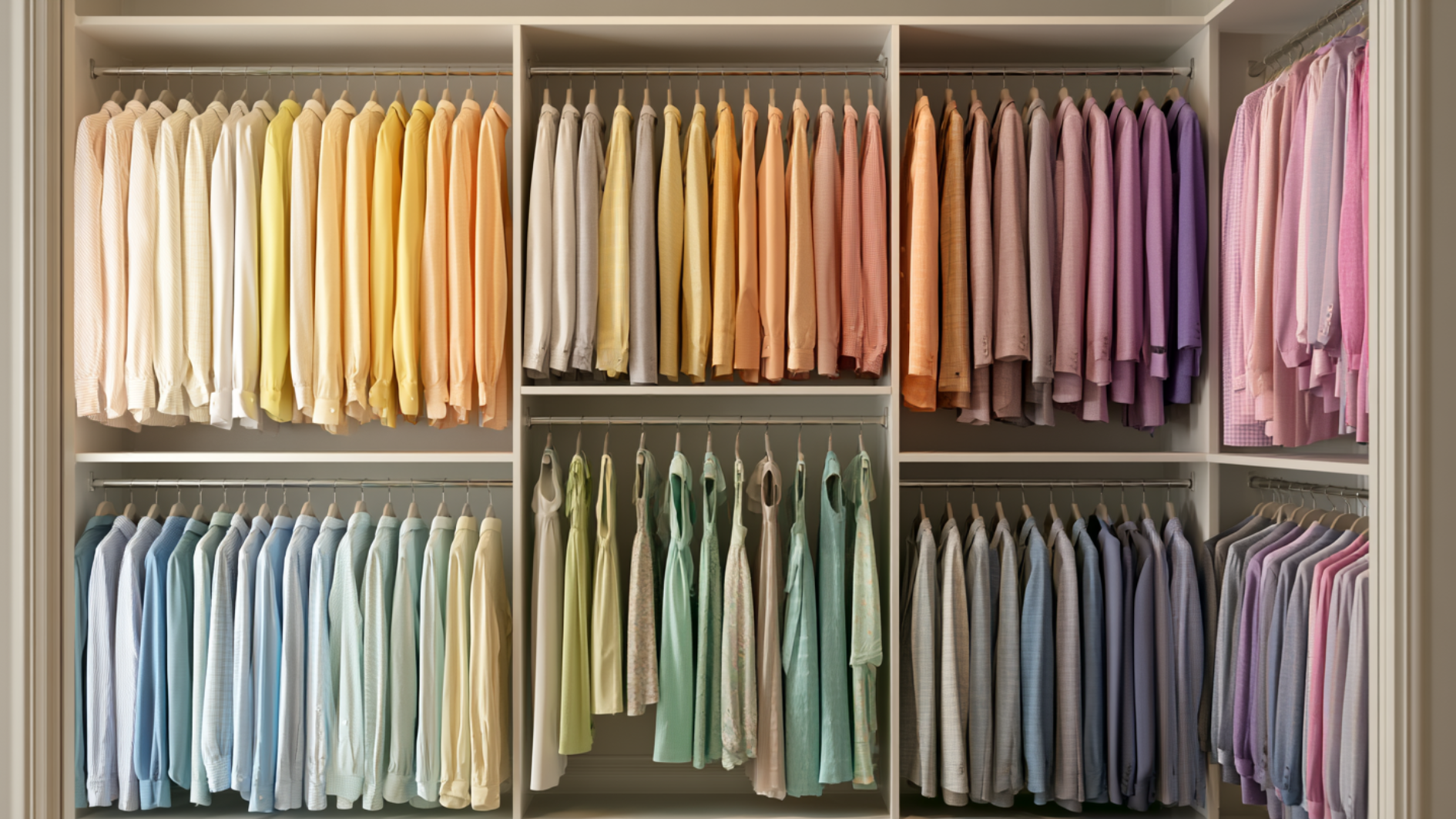walk-in closet with neatly hung clothes arranged by color gradient from yellow to purple