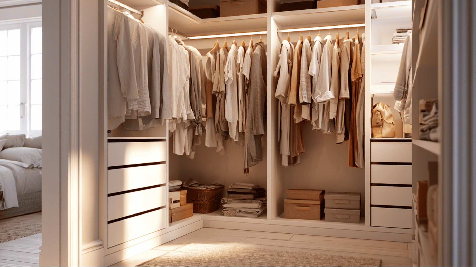walk-in closet with neutral clothing, drawers, shelves, and warm lighting storage space
