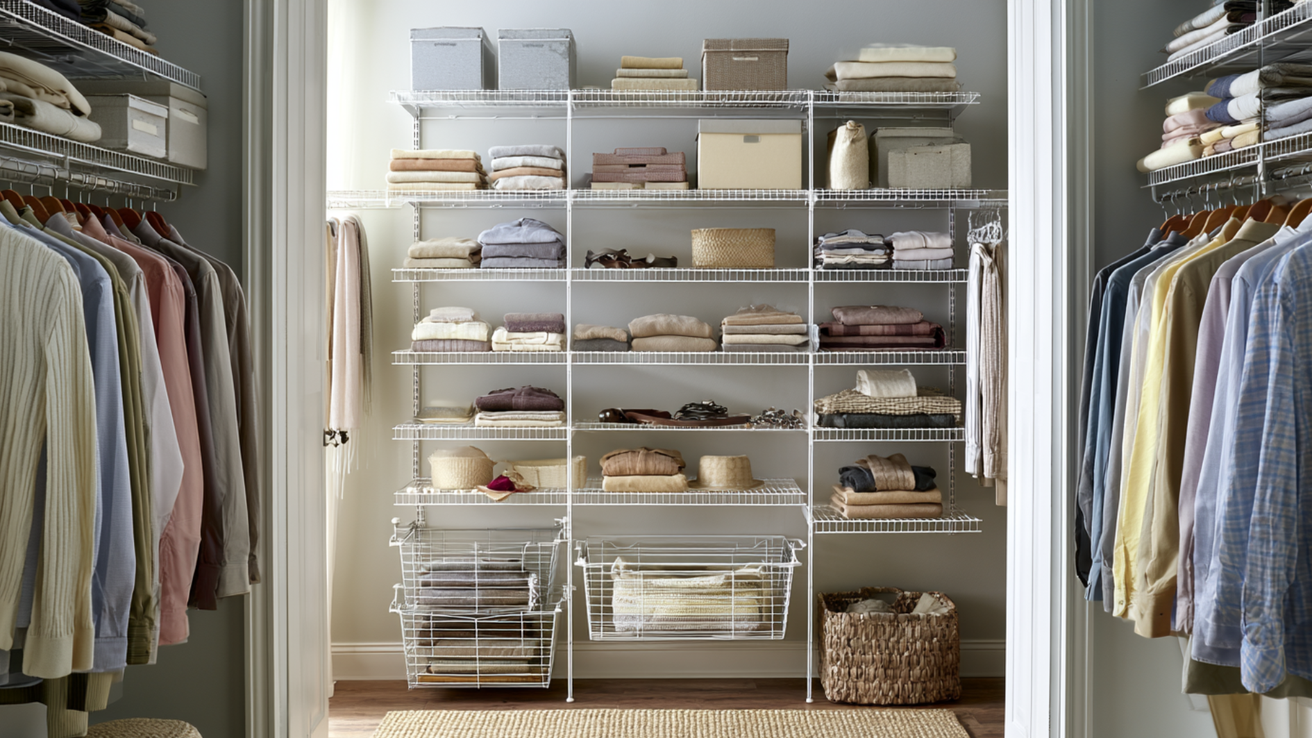 walk-in closet with wire shelves, folded clothes, storage bins, and hanging garments on both sides