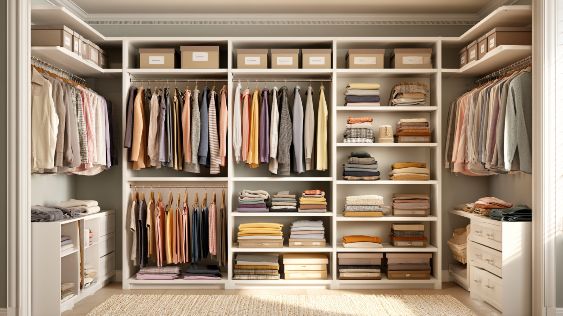 walk in closet wuth neatly hung cothes for summers